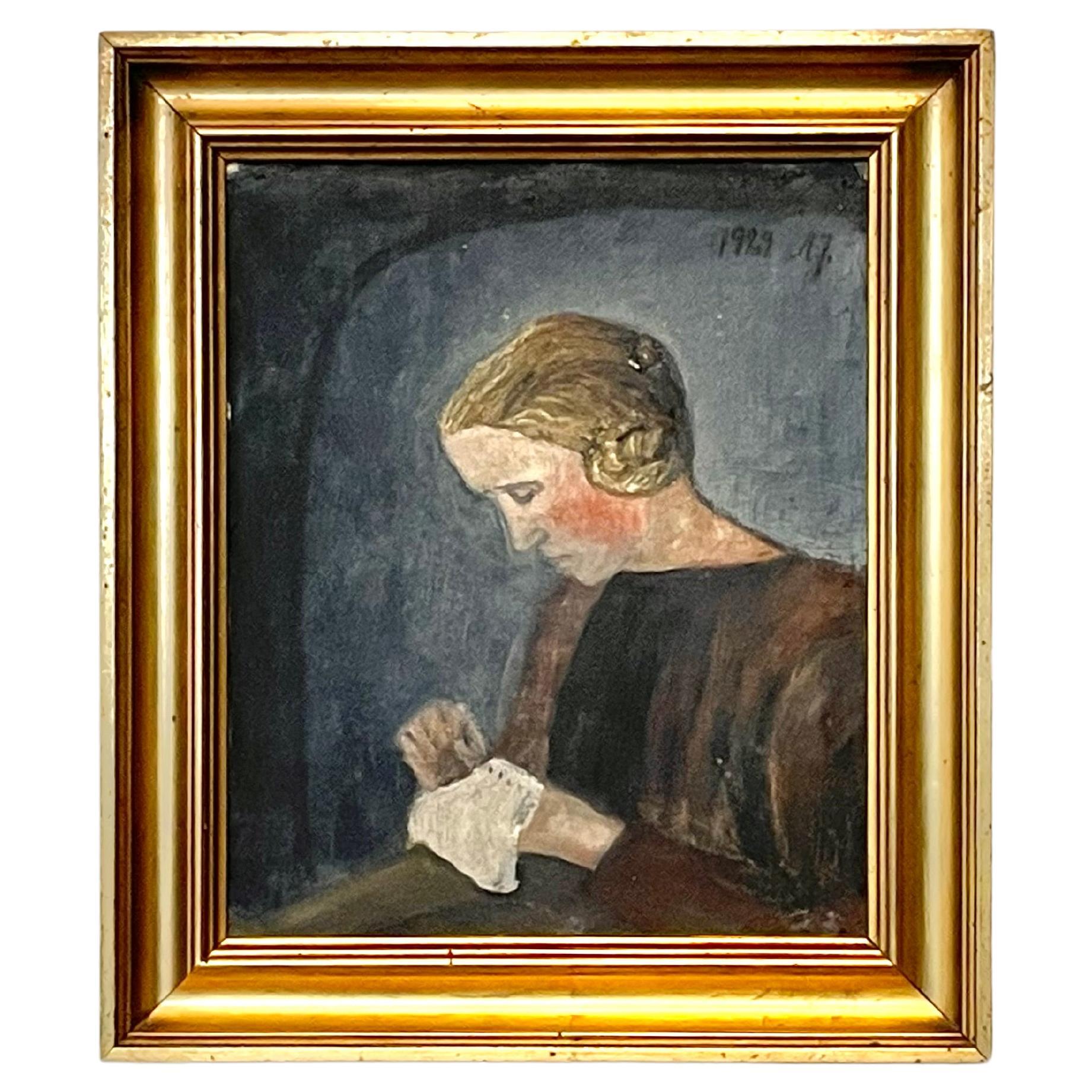 Peinture à l'huile danoise vintage originale représentant une femme travaillée à l'aiguille en vente