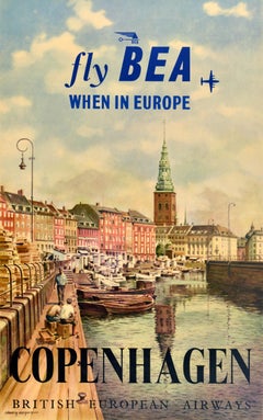 Original Vintage Denmark Travel Poster Copenhagen Fly BEA Europe Denmark Nyhavn