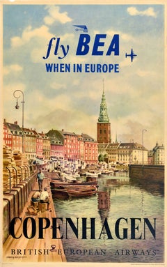 Original Vintage Denmark Travel Poster Copenhagen Fly BEA Europe Denmark Nyhavn