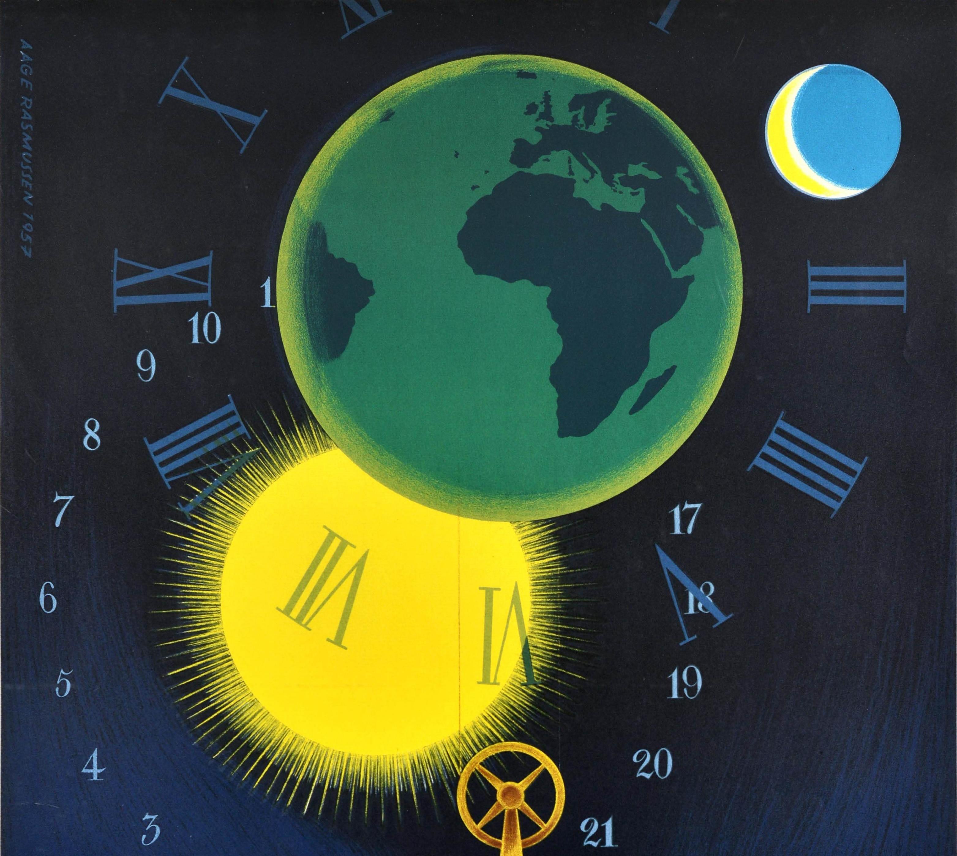 Original vintage travel poster featuring a great illustration by the Danish artist Aage Rasmussen (1889-1983) depicting the astronomical world clock and perpetual calendar designed by the Danish locksmith, clockmaker and astromechanic Jens Olsen