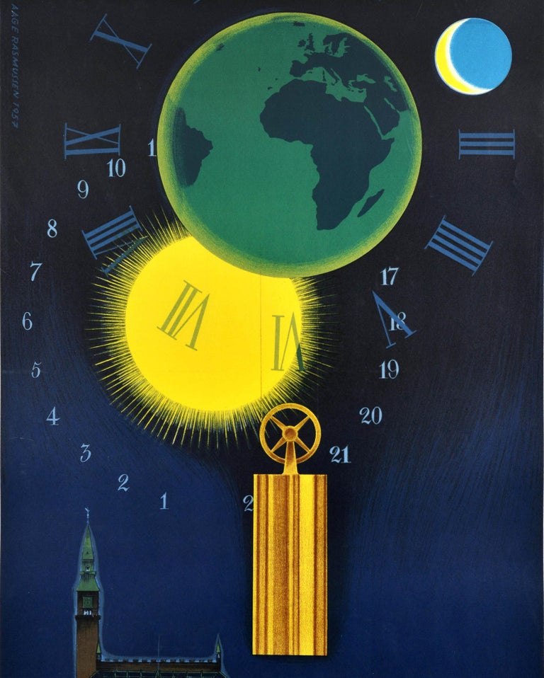 Original Vintage Denmark Travel Poster World Clock Copenhagen City Hall