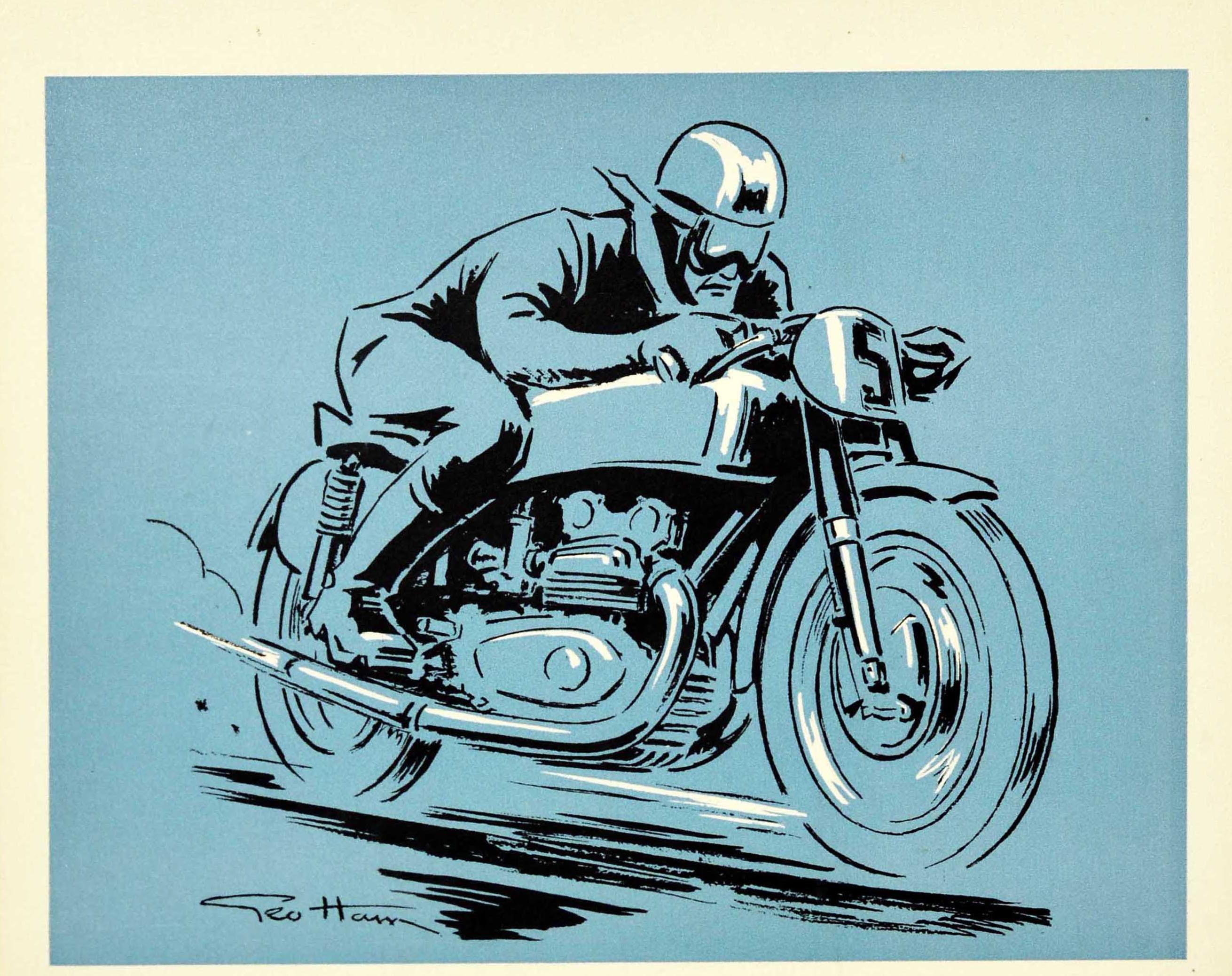 Affiche originale d'époque pour la remise d'un diplôme de sport automobile - Motocycle Club de France Diplome Decerne MCF - avec une illustration dynamique de Geo Ham (Georges Hamel ; 1900-1972) représentant un motocycliste avec un casque et des