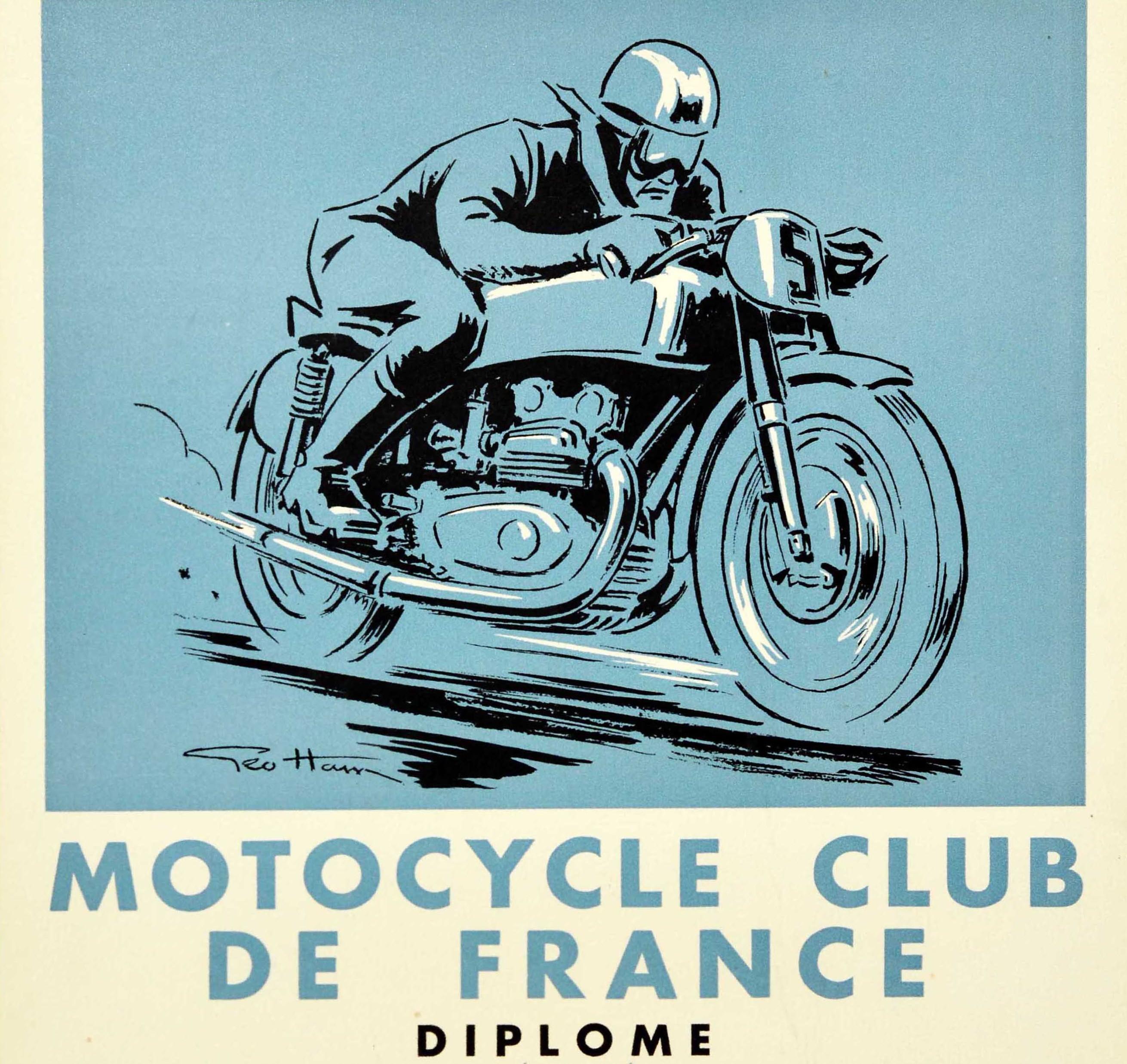 French Original Vintage Diploma Award Poster Motocycle Club De France Motorcycle Art For Sale