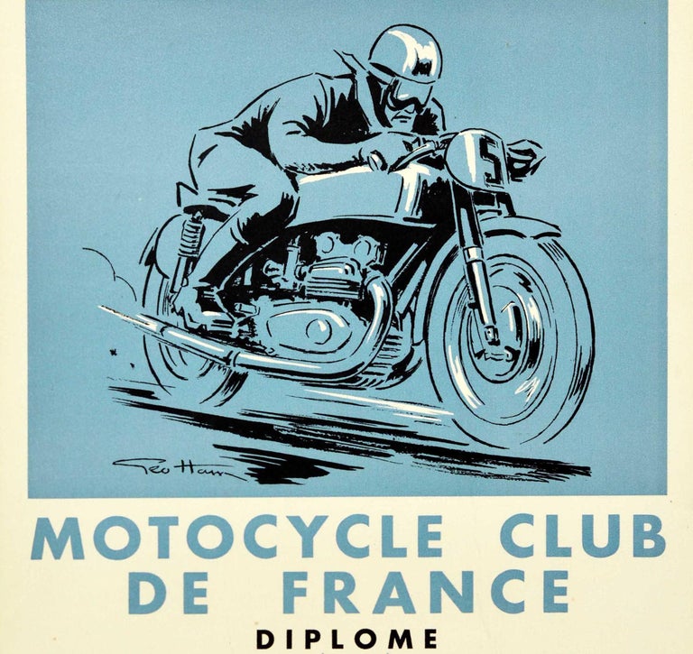 Original Vintage Diploma Award Poster Motocycle Club De France Motorcycle  Art For Sale at 1stDibs