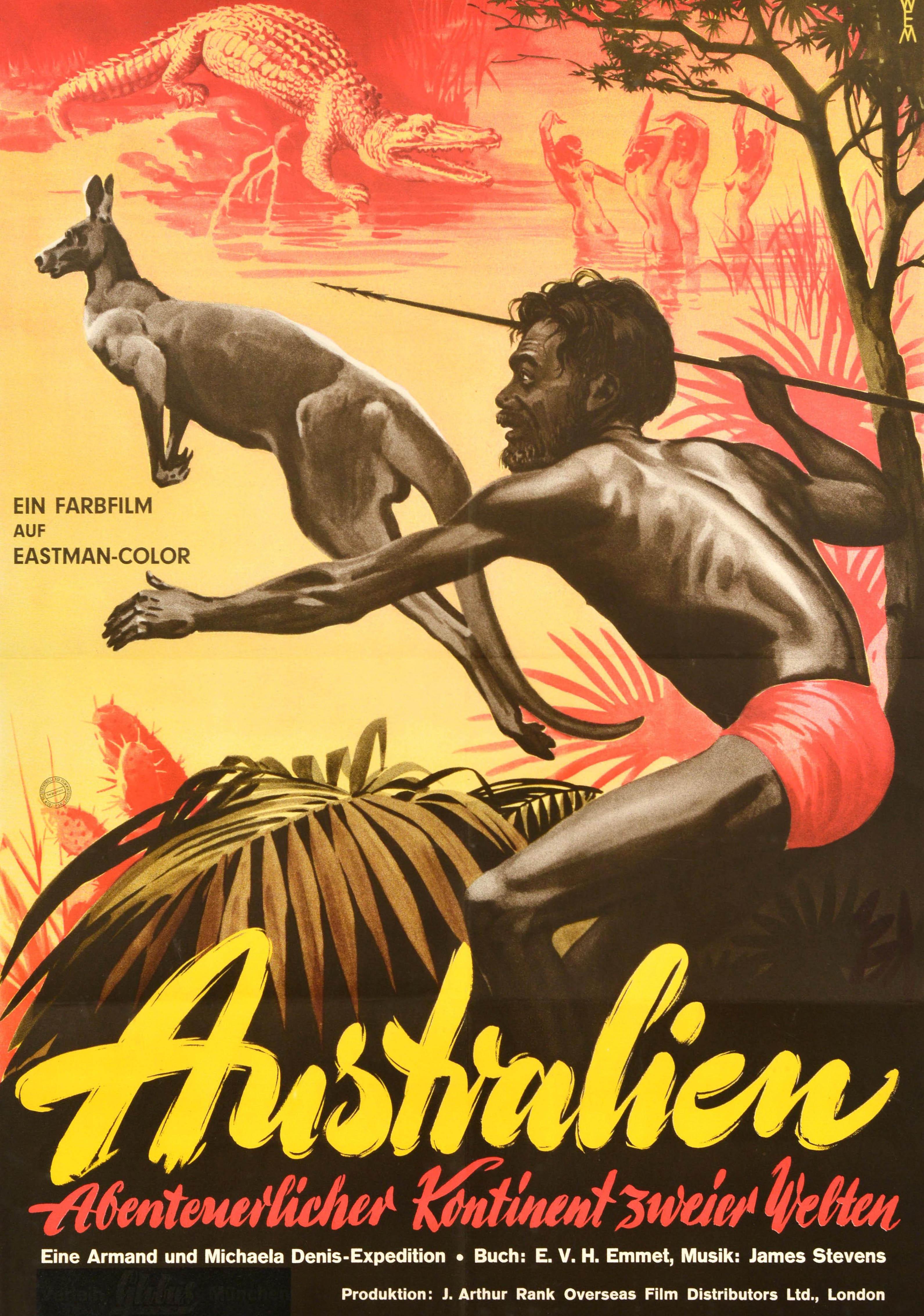 Originales Vintage-Dokumentarfilmplakat für Australien Abenteuerlicher Kontinent Zweier Welten (Under the Southern Cross / Australia Adventurous Continent of Two Worlds) An Armand and Michaela Denis Expedition mit einer Illustration eines Mannes,