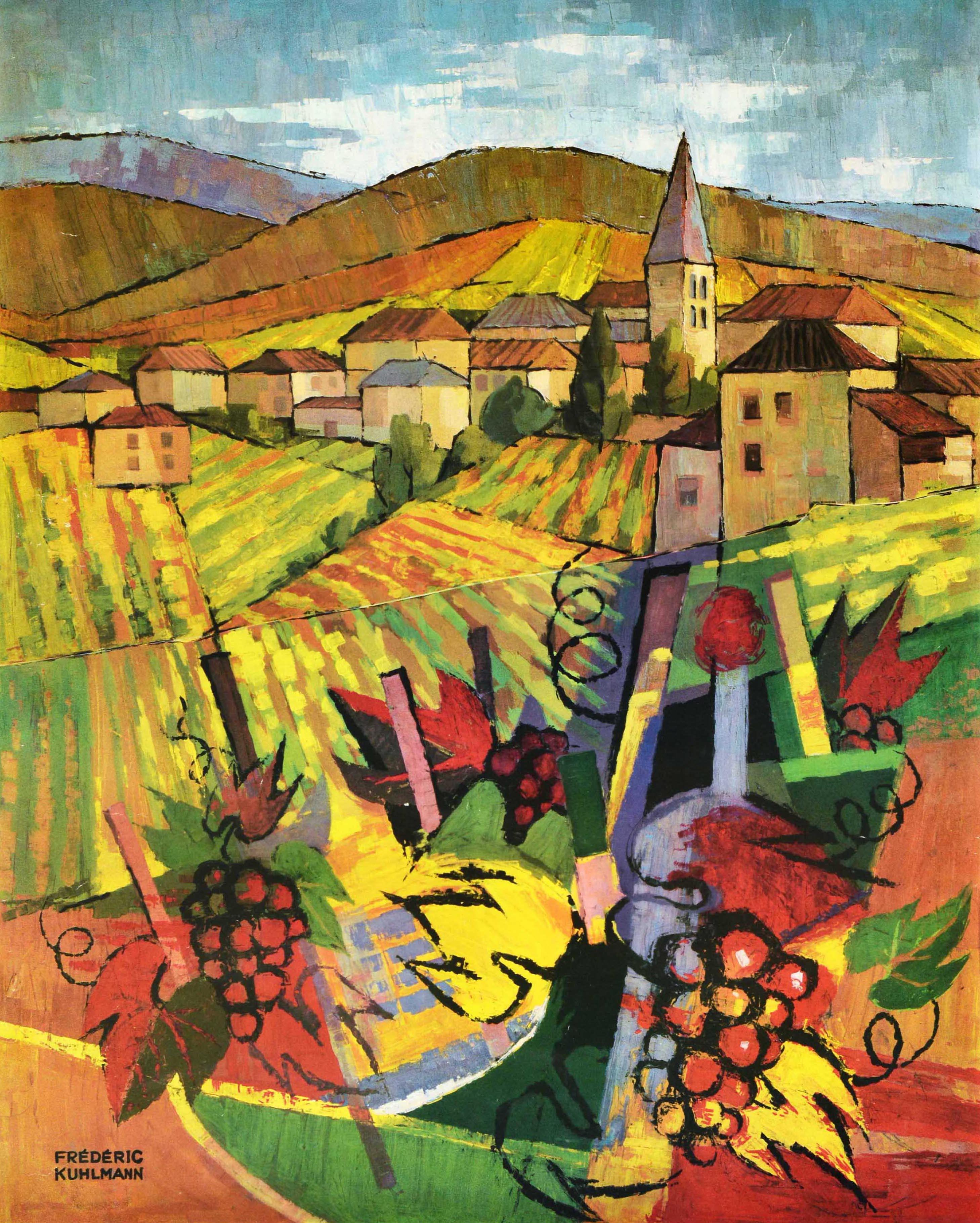 Original vintage drink advertising poster for Beaujolais wine featuring a colourful view of the French countryside with a vineyard and fields leading past a village church and traditional buildings towards the mountains on the horizon, a stylised