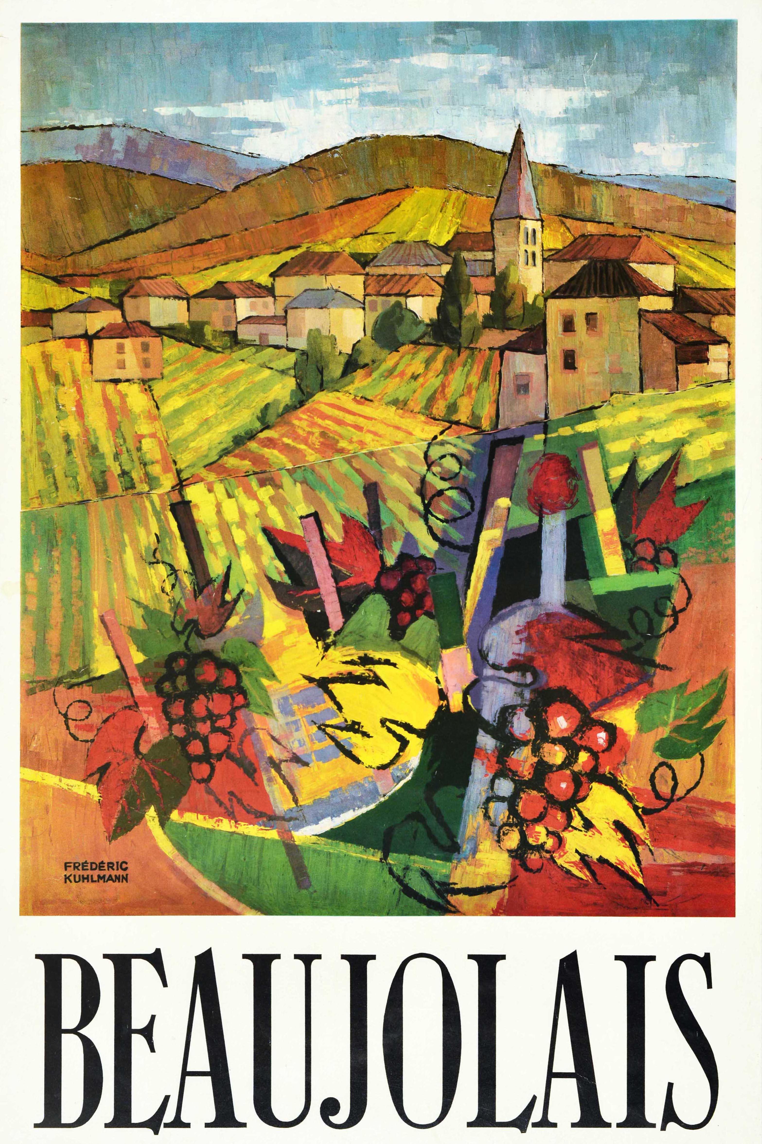 French Original Vintage Drink Advertising Poster Beaujolais France Wine Rhone AOC For Sale