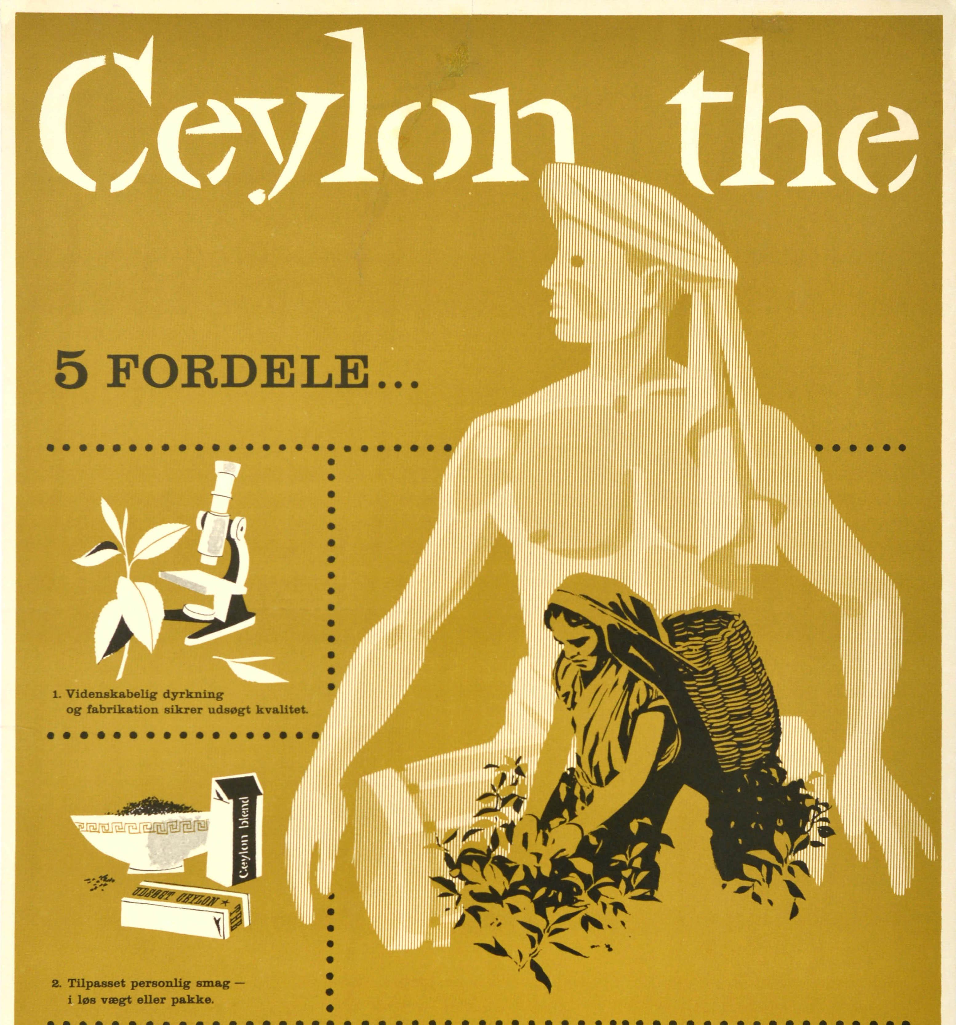 Danois Affiche publicitaire originale de boisson vintage Ceylan Tea Benefits du milieu du siècle dernier en vente
