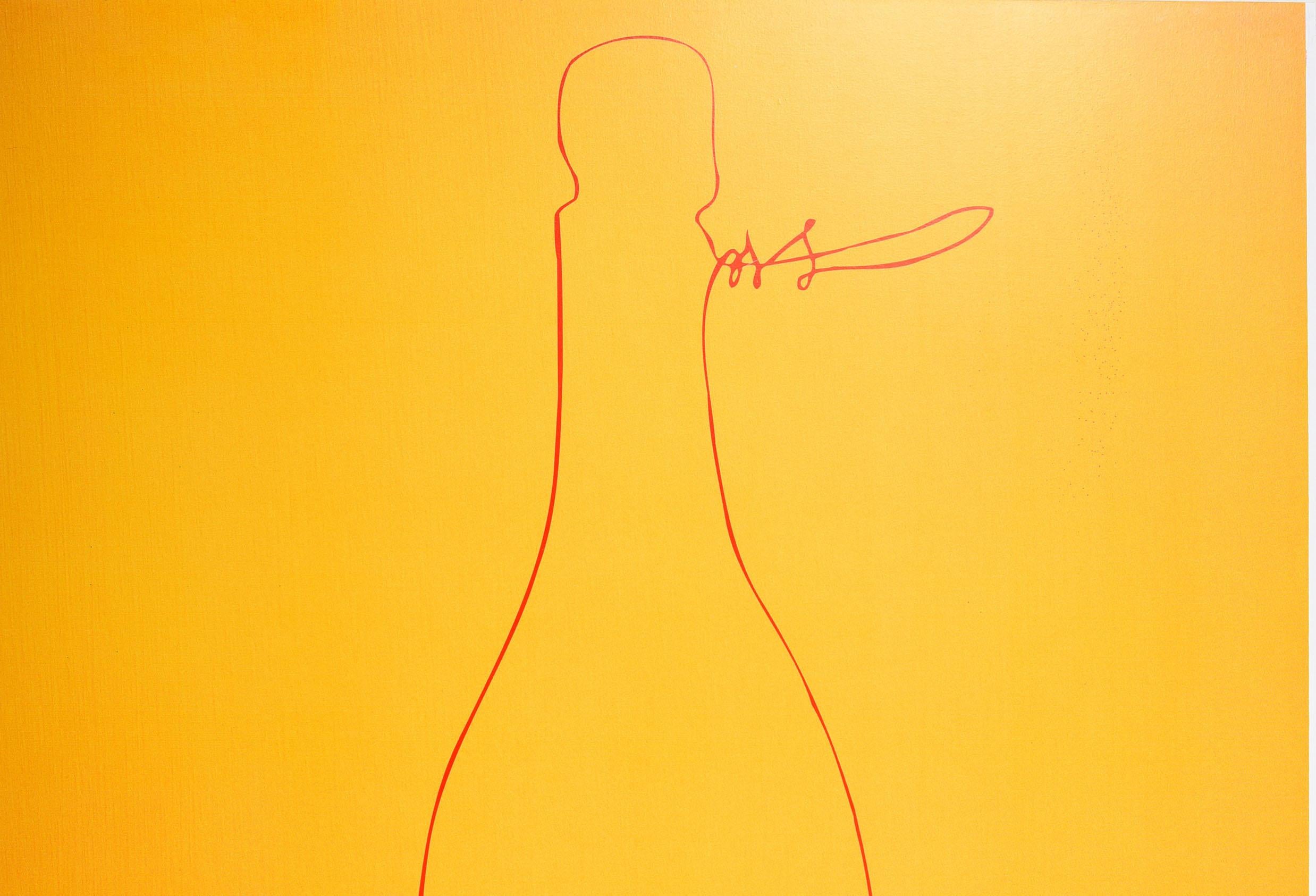 Original vintage drink advertising poster for Veuve Clicquot Ponsardin champagne featuring the outline of a bottle from the label against the champagne house's iconic yellow background with the website address below. Located in Reims France, Veuve