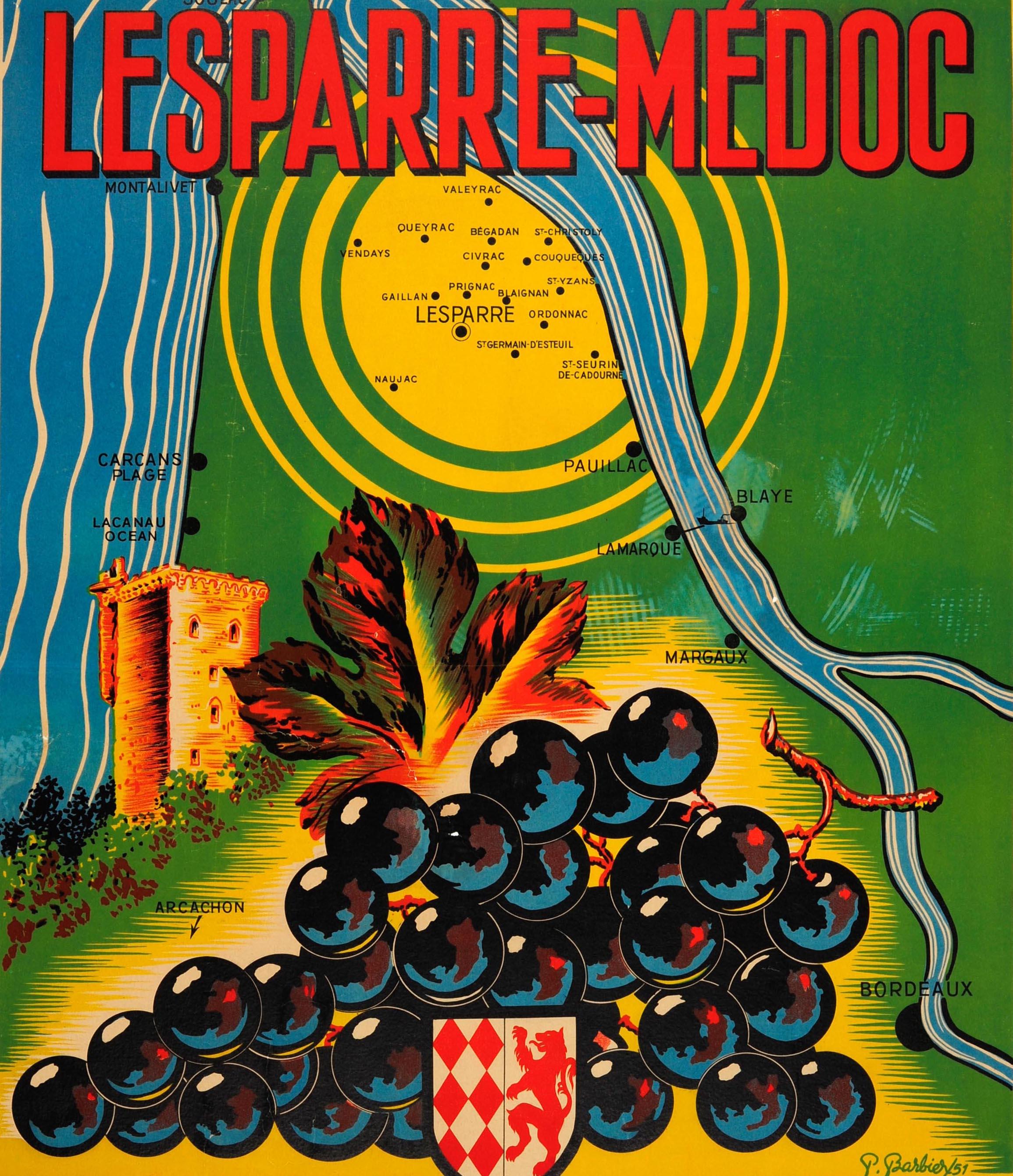 Affiche publicitaire originale pour la Foire aux vins de Lesparre-Médoc / Lesparre Medoc Wine Fair qui s'est tenue du 1er au 3 août 1952. Carte colorée représentant des lignes jaunes rayonnantes partant du centre de la région en jaune, marquant