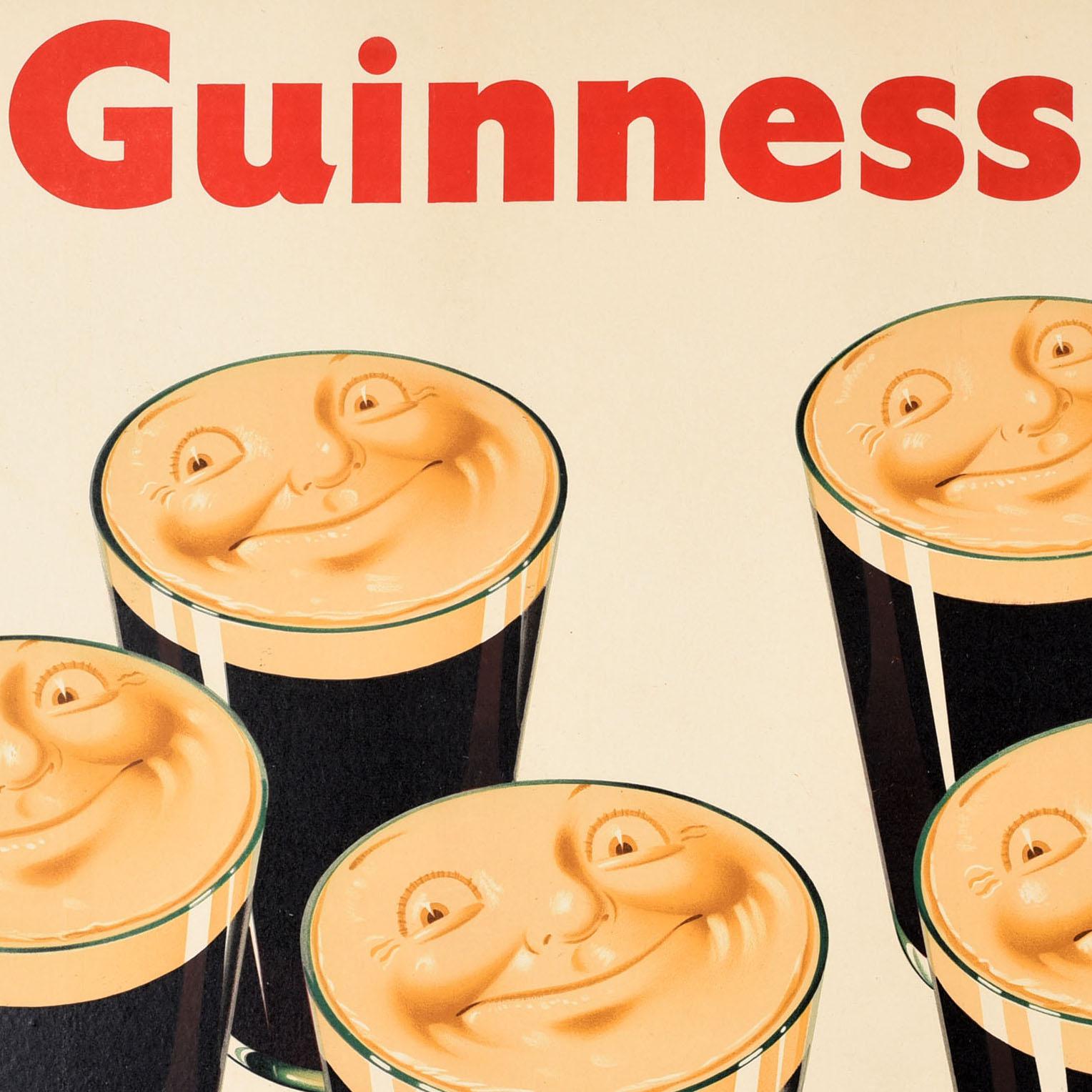 Original vintage drink advertising poster for the iconic Irish stout beer with the caption - A Guinness a day Guinness is good for you - featuring artwork depicting seven smiling pints of Guinness beer, one glass for each day of the week, with the