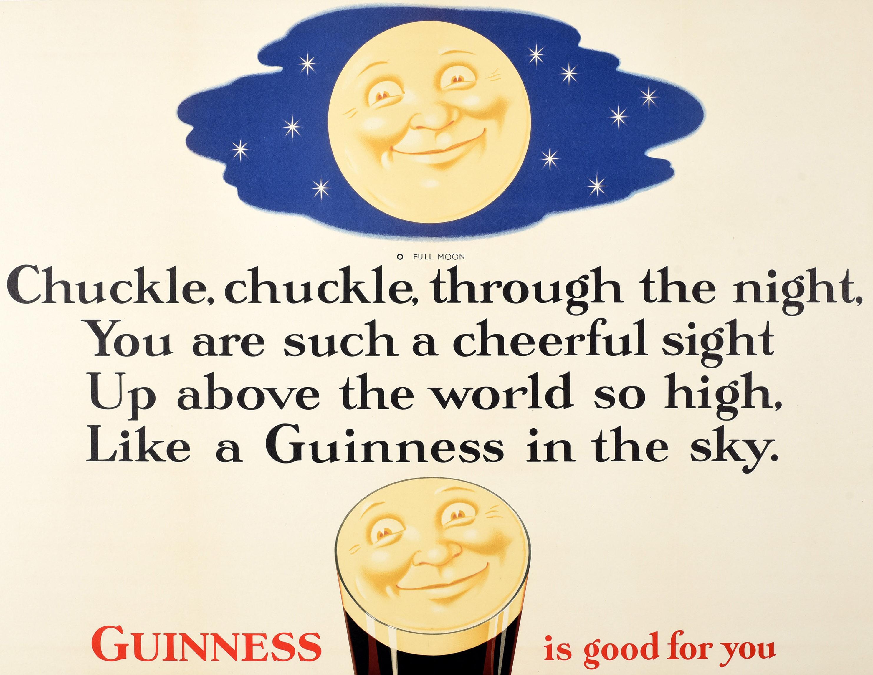 Affiche publicitaire vintage originale pour une boisson - Guinness is Good for You - présentant une image amusante et colorée de style dessin animé de l'emblématique visage souriant de Guinness reflété par le haut d'un verre de pinte avec une lune