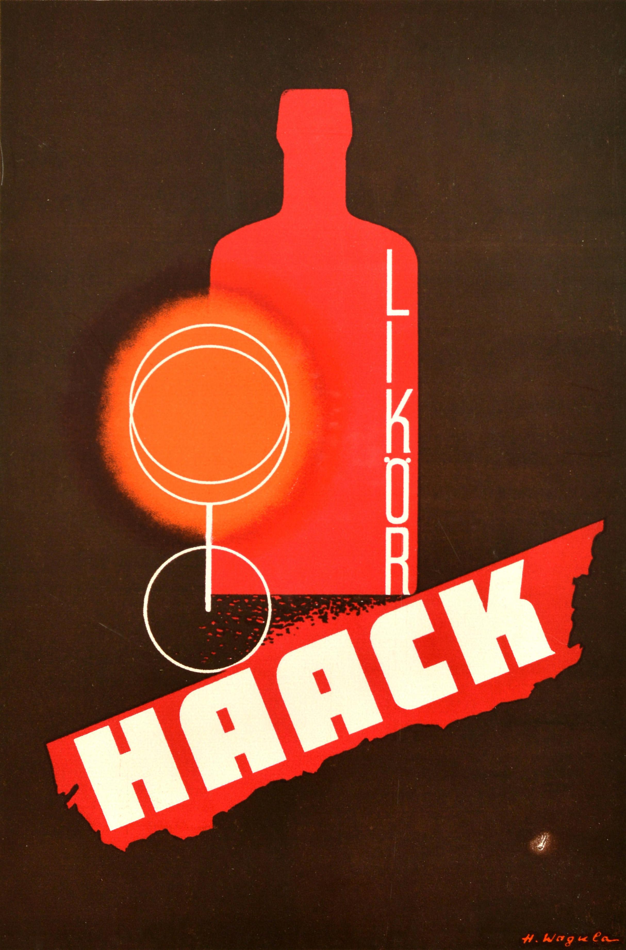 Original vintage drink advertising poster for Haack Likor featuring great design by Hans Wagula (1894-1964) depicting a bottle in red and a glass with the liquor radiating orange against the black background, the text in white down the side of the