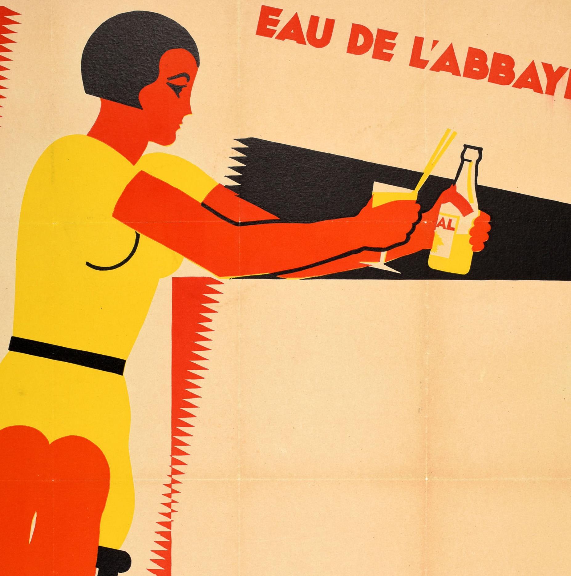 Original vintage drink advertising poster for Abbey Water Ideal Lemon / Eau de L'Abbaye Ideal Citron. Great Art Deco design depicting a diagonal image of a lady sitting at a bar holding a glass and bottle of the water, the text in red above and in