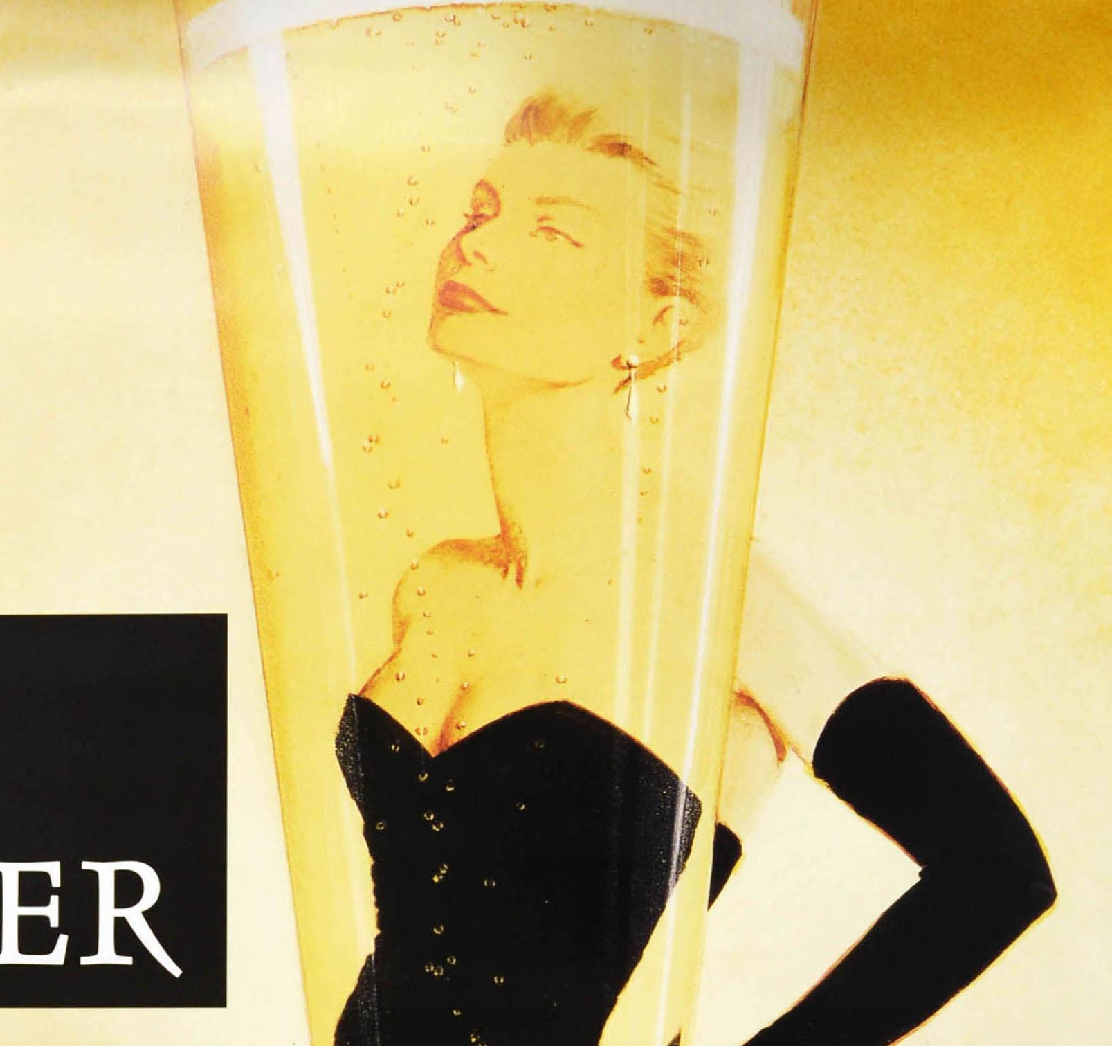 Original vintage drink advertising poster for Taittinger champagne - L'Instant Taittinger / The Taittinger Moment - featuring a classic image of an elegant lady wearing a fashionable black fishtail evening dress and long black gloves behind a glass