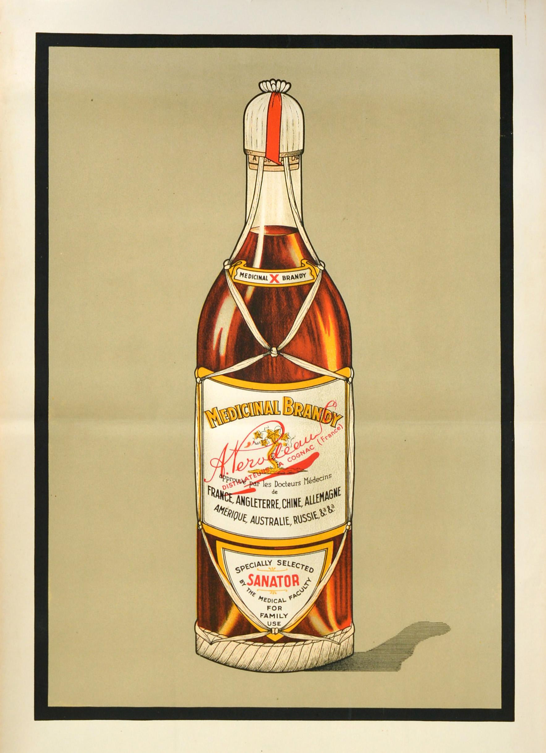 Affiche publicitaire originale pour le Medicinal Brandy A. Perodeau Sanator comportant une image de la bouteille d'alcool en haut avec les informations de l'étiquette en français et en anglais - Medicinal X Brandy distillateurs a Cognac France