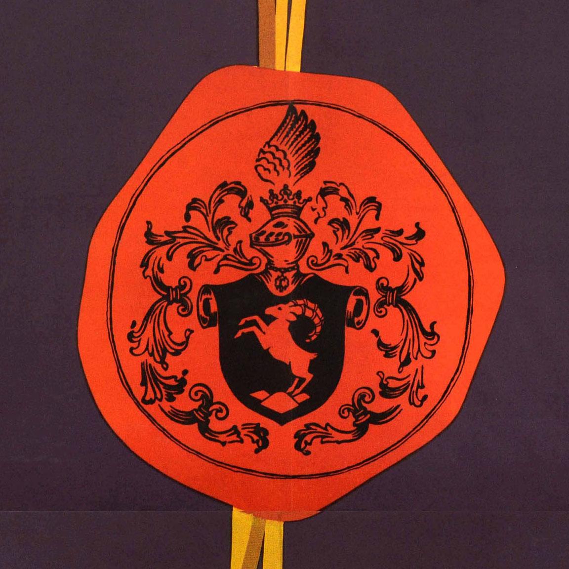 Affiche publicitaire originale pour le cognac Meinl Weinbrand, représentant un verre de cognac devant une fleur de rose avec un sceau de cire et des armoiries suspendues à des glands dorés, le texte du titre en gras en bleu et blanc au-dessus.