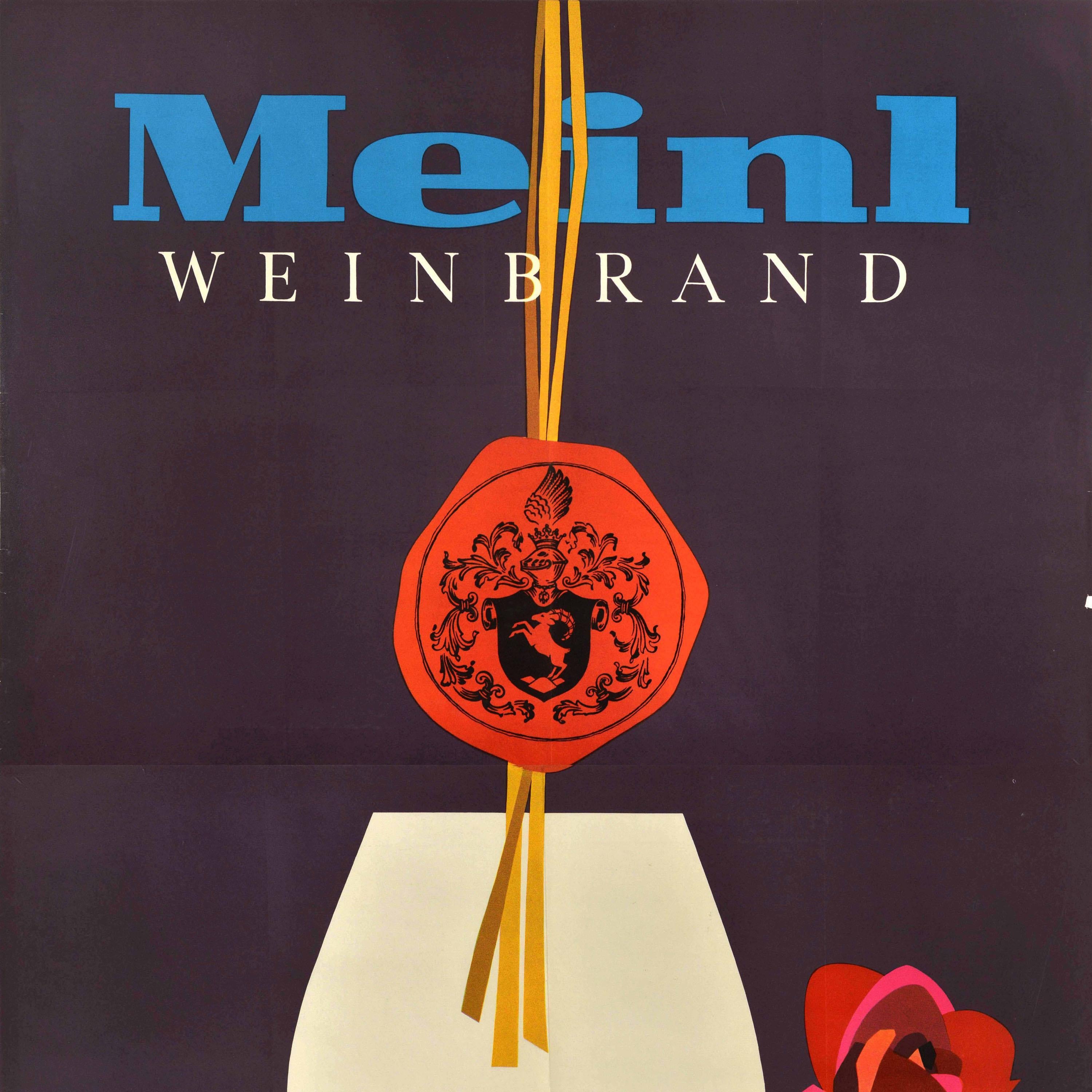 Autrichien Affiche publicitaire originale vintage pour les boissons Meinl Weinbrand Brandy Cognac Alcohol en vente
