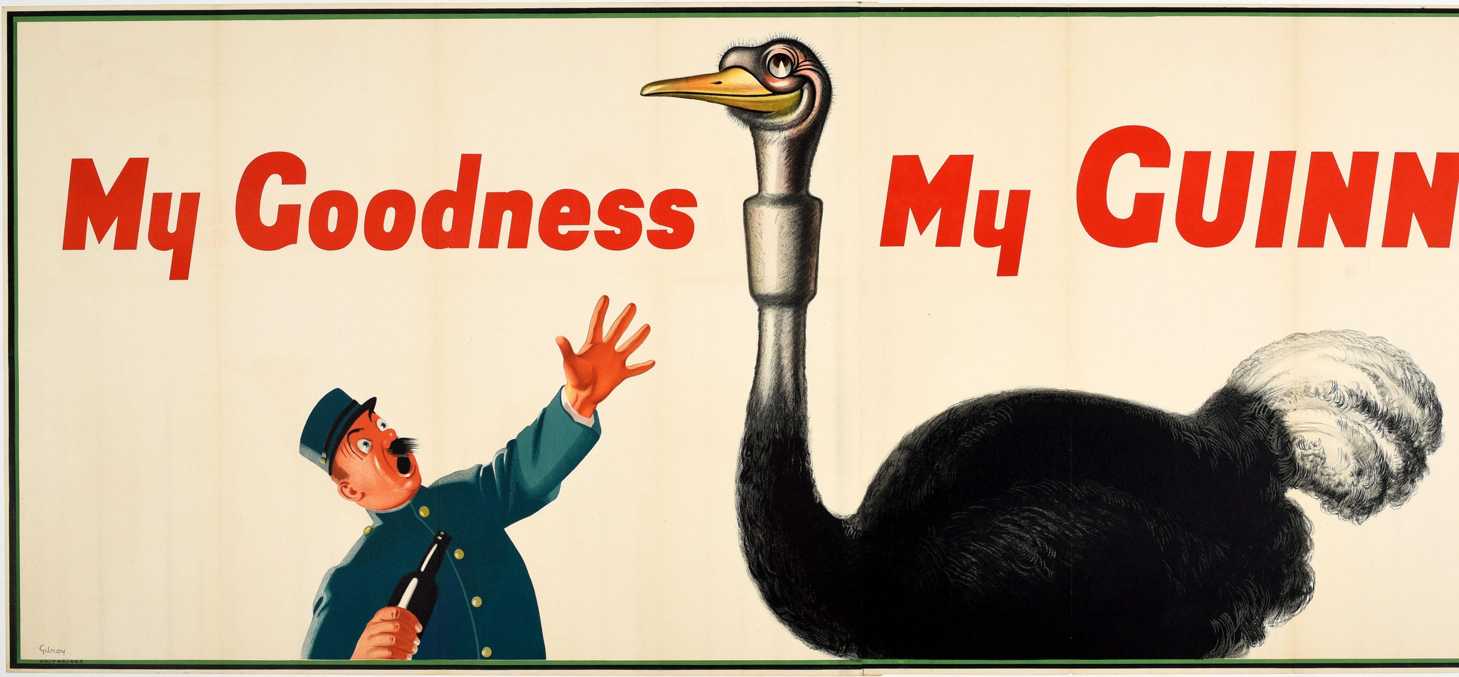 Britannique Affiche publicitaire originale vintage pour les boissons - My Goodness My Guinness - Dessin d'autruche en vente