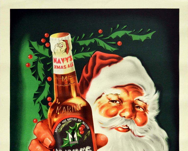 Original vintage beer drink advertising poster for Navy’s Xmas Ale brewed and bottled by Marine (a Belgium brewery) featuring a fun design showing a smiling Santa Claus / St Nicholas / Father Christmas with rosy cheeks and a big white beard and