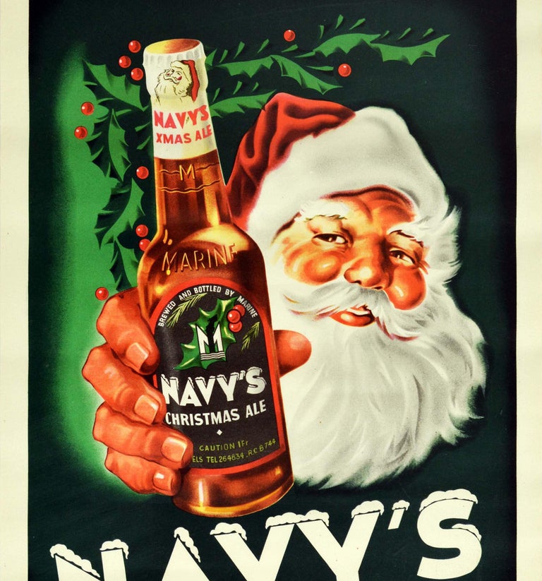 Original Vintage Drink Advertising Poster Navy's Christmas Ale Santa Claus Beer In Good Condition For Sale In London, GB