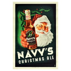 Original Vintage Drink Advertising Poster Navy's Christmas Ale Santa Claus Beer