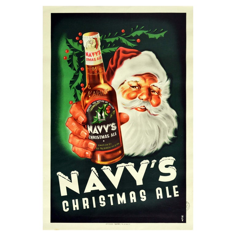 Original Vintage Drink Advertising Poster Navy's Christmas Ale Santa Claus Beer For Sale