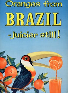 Original Vintage Drink Advertising Poster Oranges Brazil Juicier Still Toucan