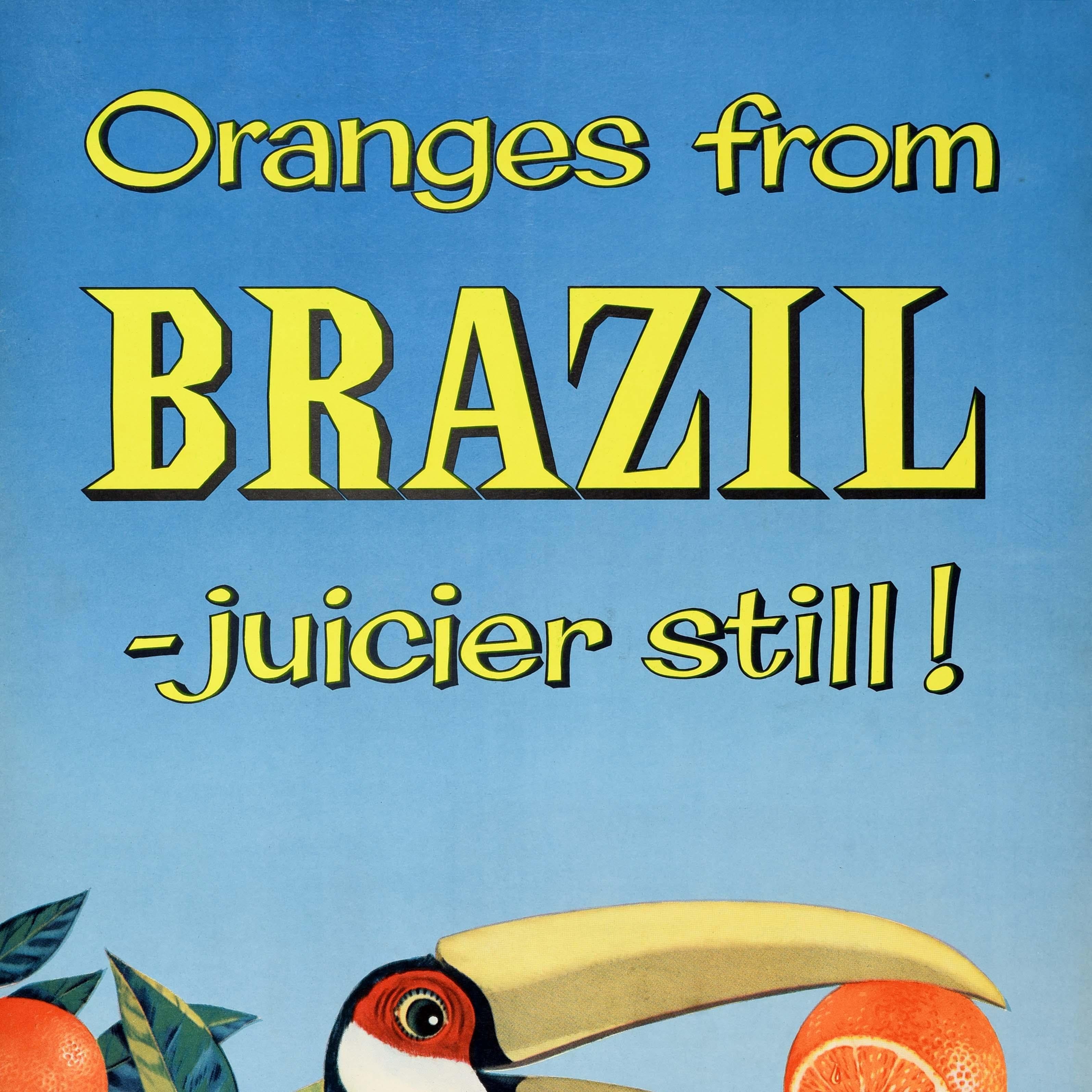 Britannico Poster pubblicitario d'epoca per bevande Arance Brasile più succose Ancora Tucano in vendita