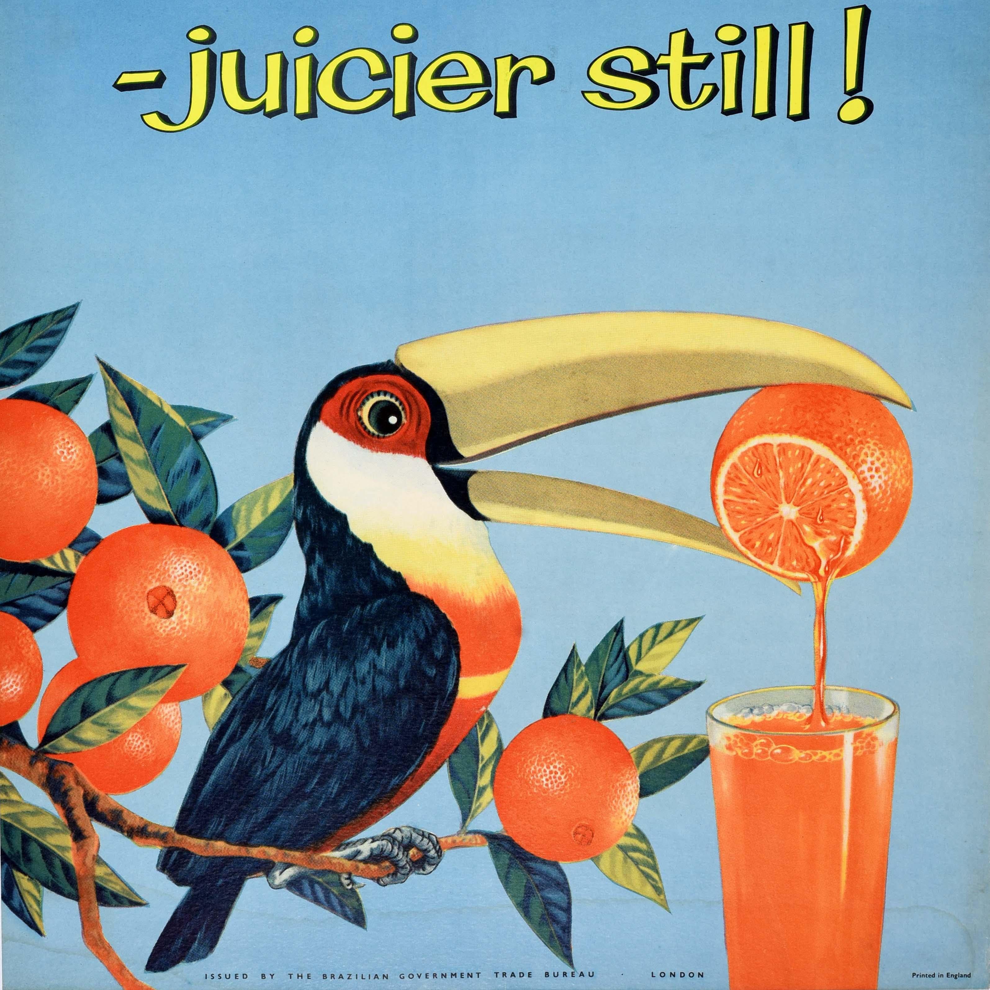 Poster pubblicitario d'epoca per bevande Arance Brasile più succose Ancora Tucano In condizioni buone in vendita a London, GB