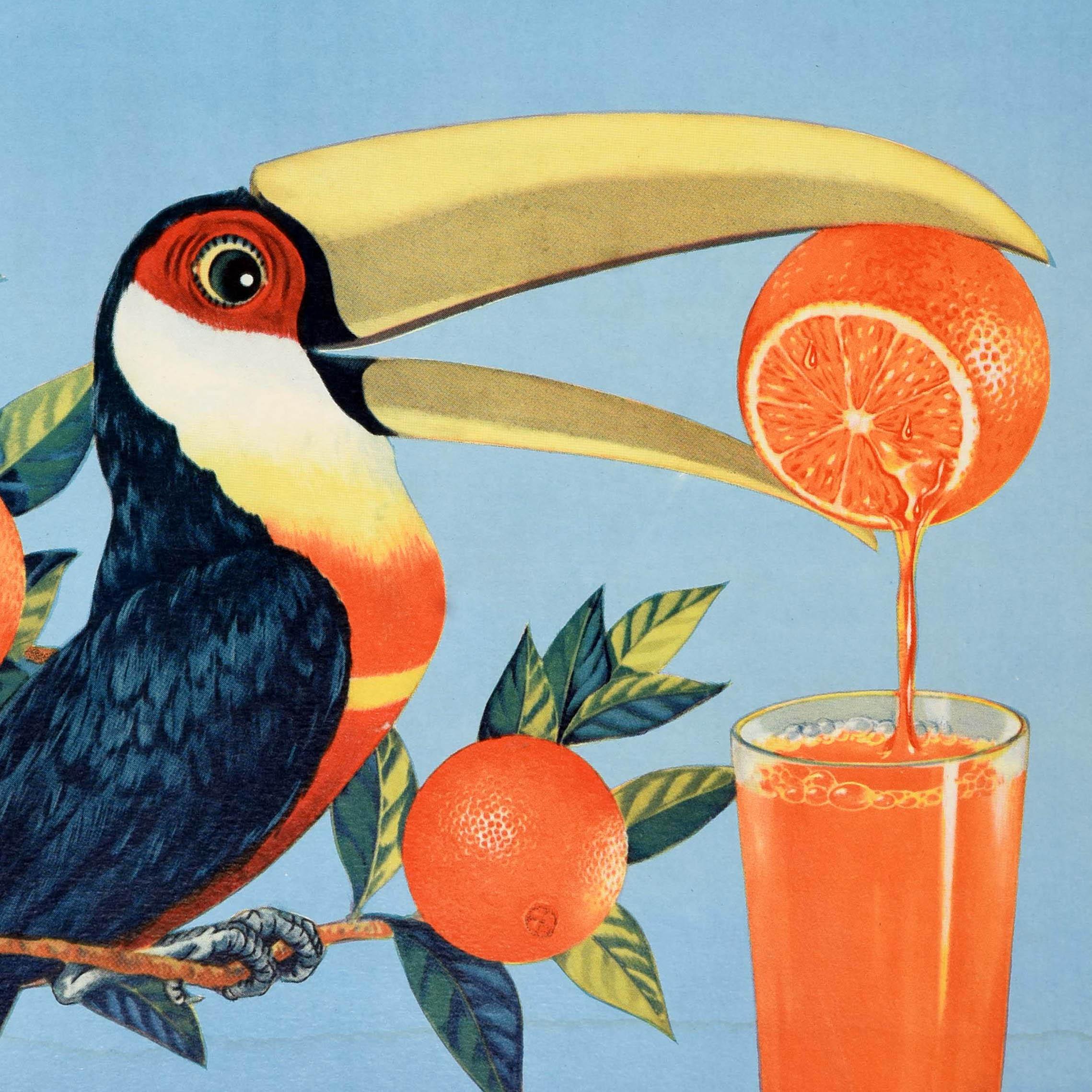 Metà XX secolo Poster pubblicitario d'epoca per bevande Arance Brasile più succose Ancora Tucano in vendita