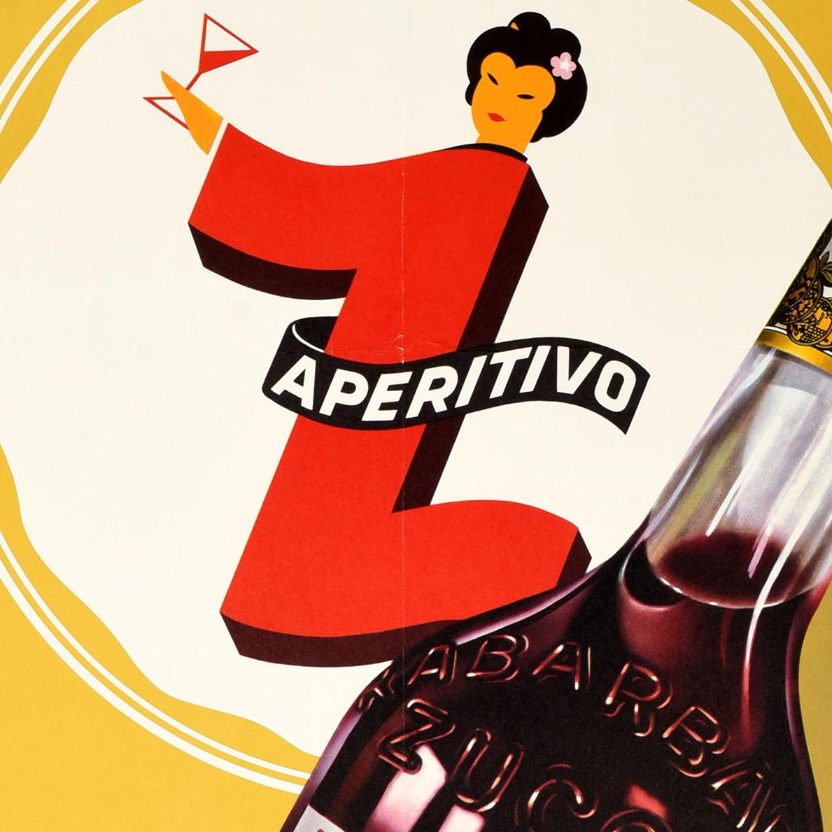 Original vintage Swiss poster for Rabarbaro Zucca Aperitif. Great image featuring an illustration of a bottle of the Italian aperitif drink infused with Chinese rhubarb root and other botanical herbs and spice, a graphic design depiction of an Asian