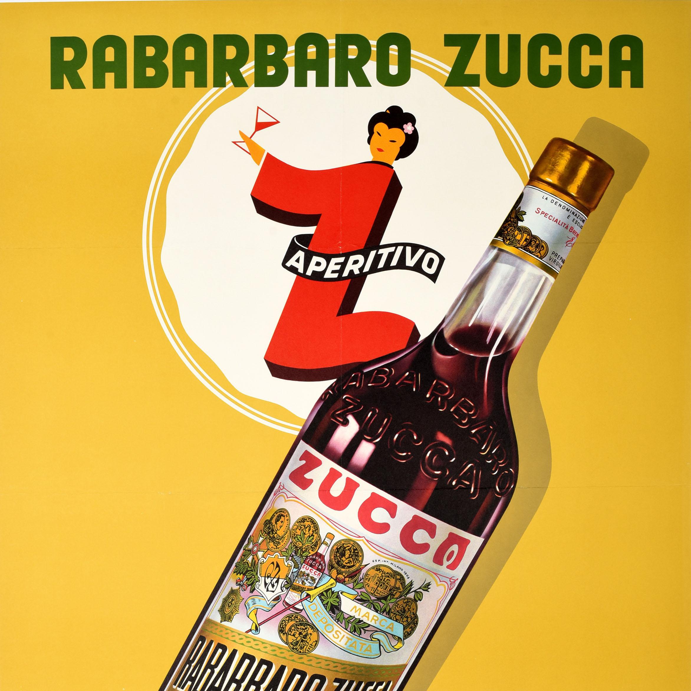 Suisse Affiche publicitaire originale vintage pour les boissons Rabarbaro Zucca, Dessin suisse en vente