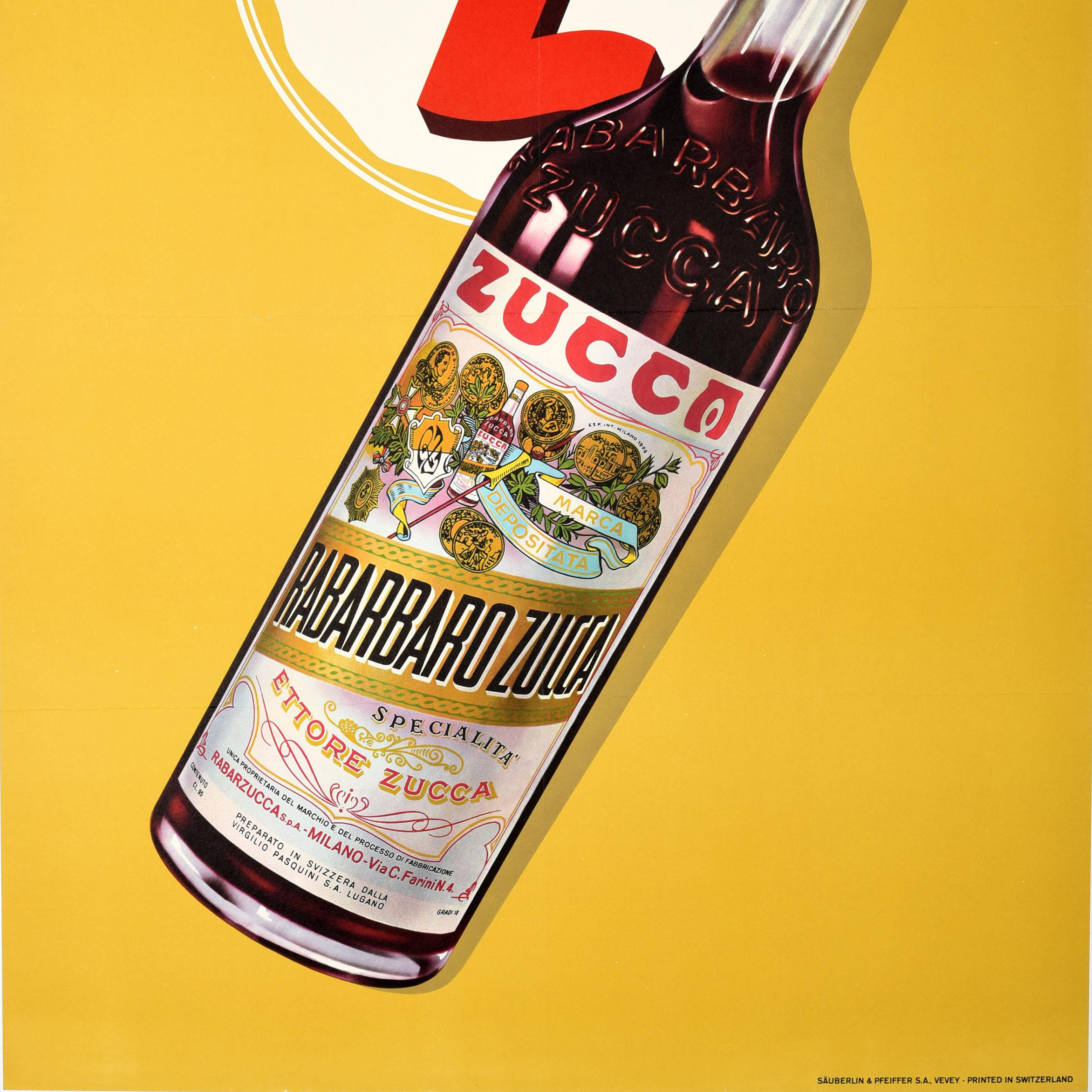 Affiche publicitaire originale vintage pour les boissons Rabarbaro Zucca, Dessin suisse Bon état - En vente à London, GB