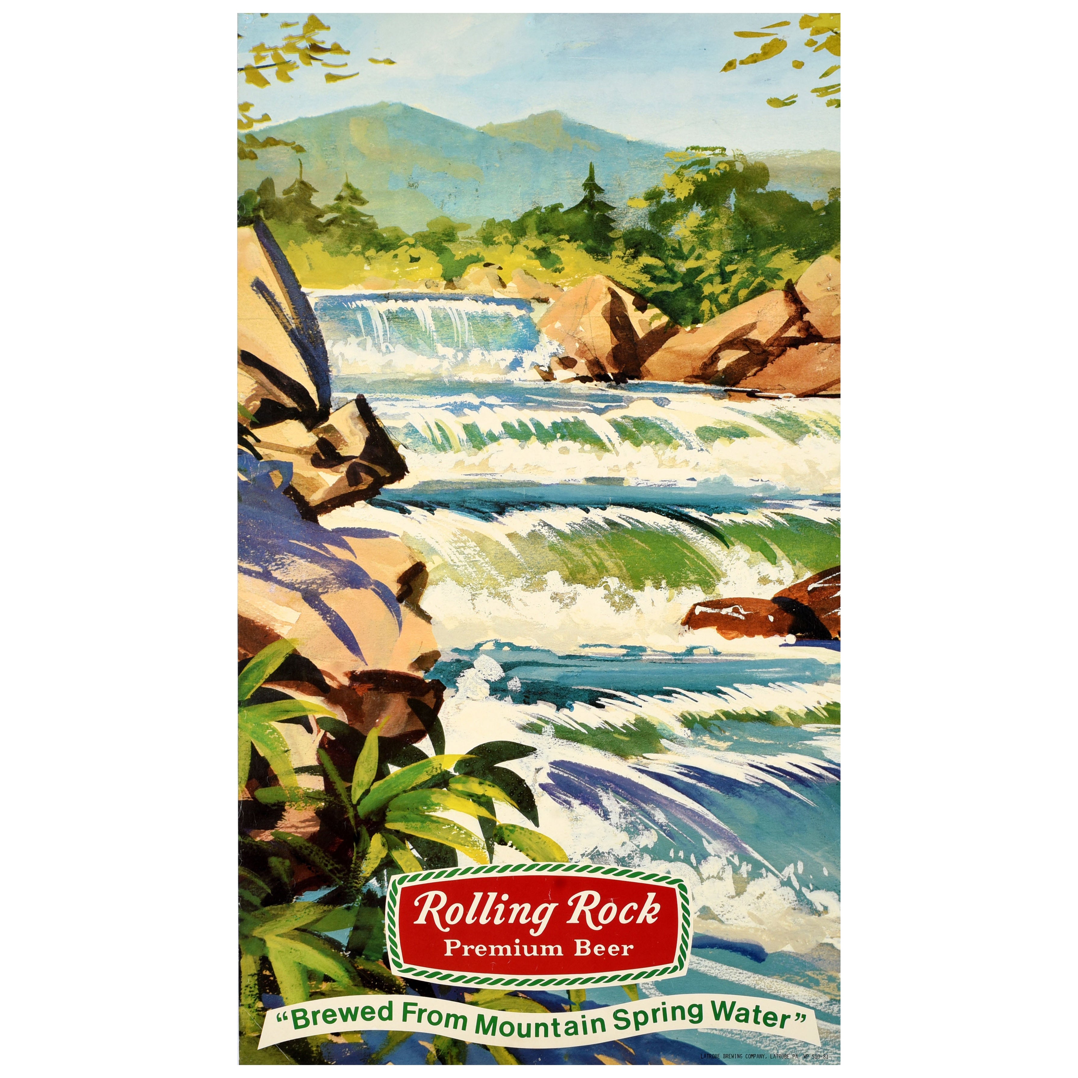 Poster pubblicitario d
epoca per bevande Rolling Rock Premium Beer Lager USA in vendita