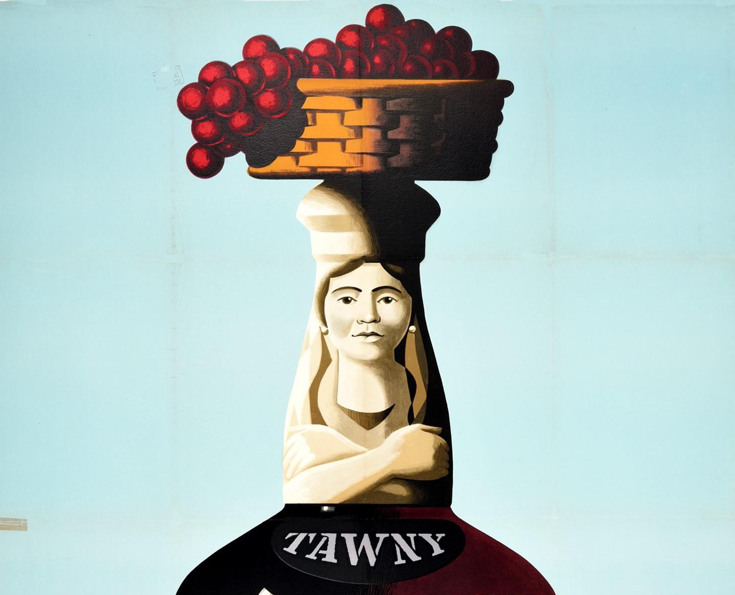 Original vintage alcohol drink advertising poster for Rozes Port featuring an image of a lady carrying a basket of red grapes on her head at the top of a bottle of port wine against a pale blue background, the label reading: Tawny Rozes Port Produce