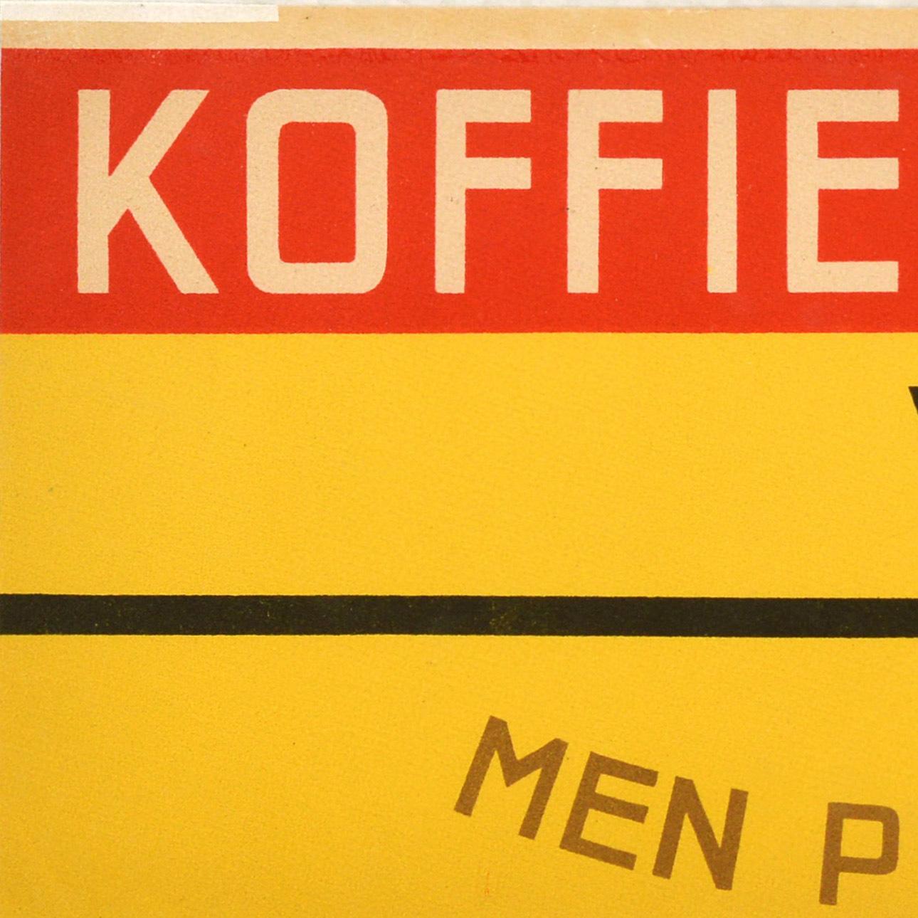Poster pubblicitario d'epoca per bevande a base di caffè e tè di Van Nelle, con un disegno colorato e il testo in caratteri neri, bianchi e marroni su uno sfondo giallo, rosso e blu - Van Nelle se ne è preso cura, puoi assaggiarlo / Van Nelle daar
