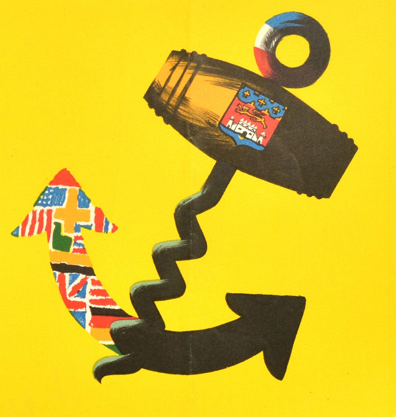 Poster pubblicitario d'epoca per i vini di Bordeaux, con un disegno vivace e colorato dell'artista francese Herve Moran (1917-1980) che raffigura un cavatappi con una base a forma di ancora su uno sfondo giallo, con lo stemma della regione di