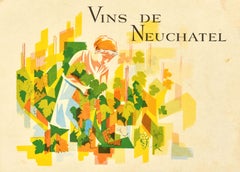 Original Vintage Drink Advertising Poster Vins De Neuchatel Wine Switzerland