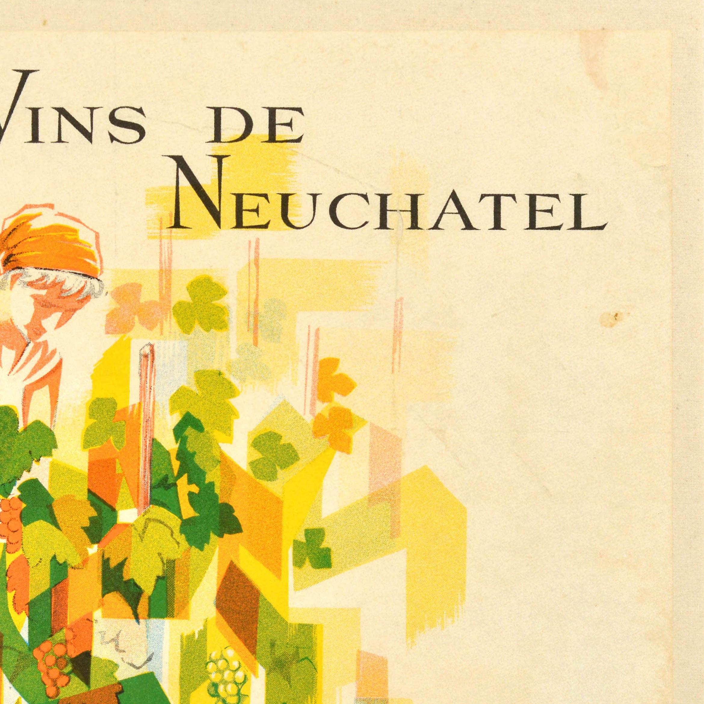 Original Vintage Drink Werbeplakat Vins De Neuchatel Wein Schweiz im Zustand „Gut“ im Angebot in London, GB