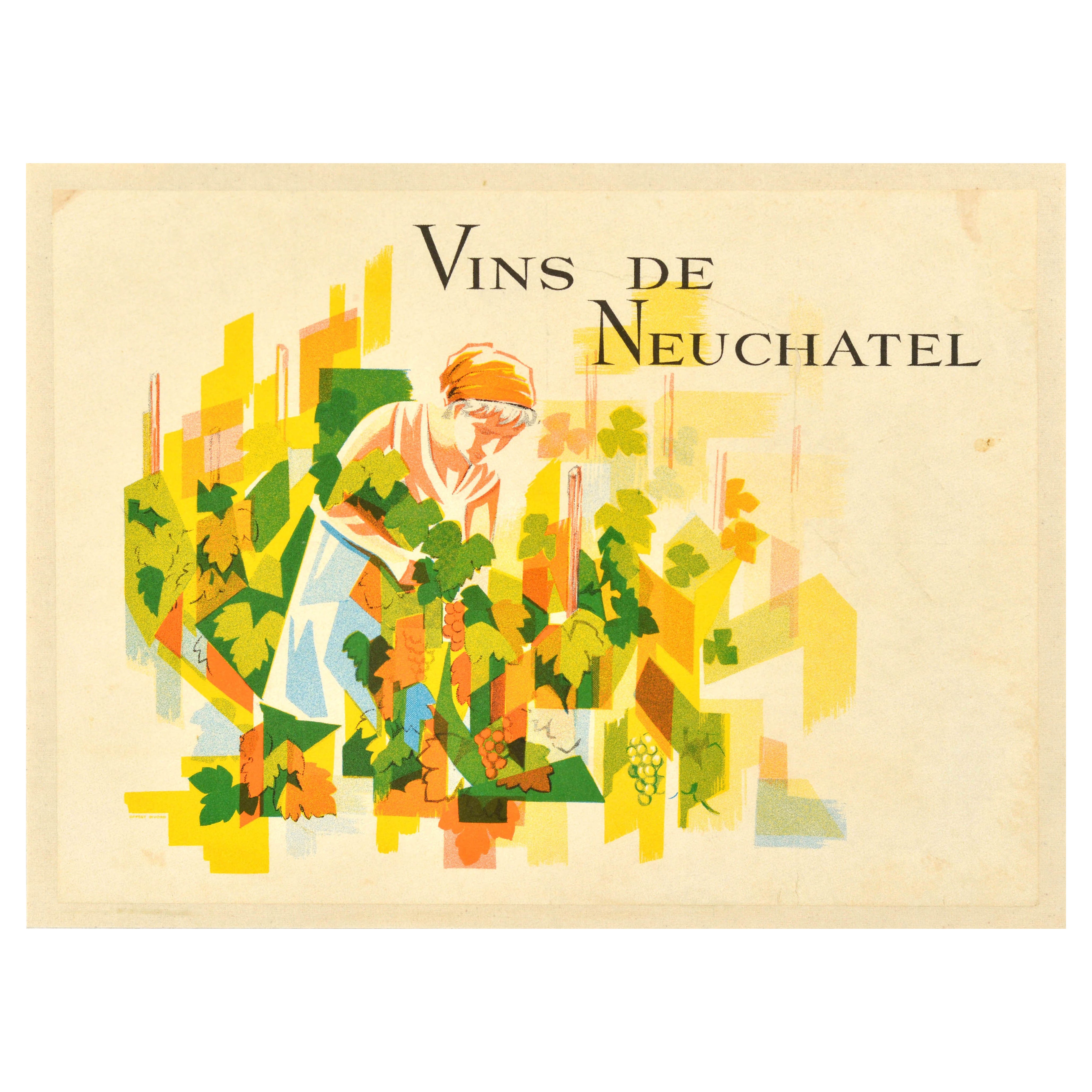 Original Vintage Drink Advertising Poster Vins De Neuchatel Wine Switzerland
