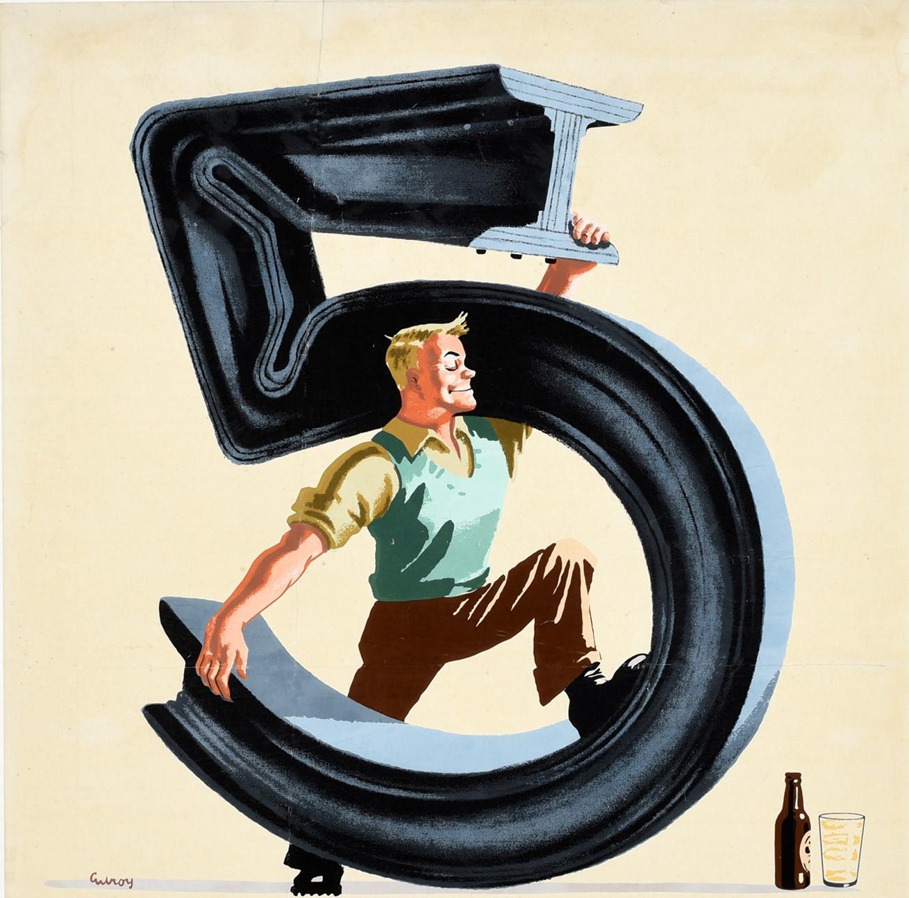Affiche publicitaire vintage originale pour la boisson emblématique Guinness Irish stout beer - 5 Million Guinness for strength every day - représentant un homme souriant pliant une poutre métallique en forme de chiffre cinq avec aisance, la tenant