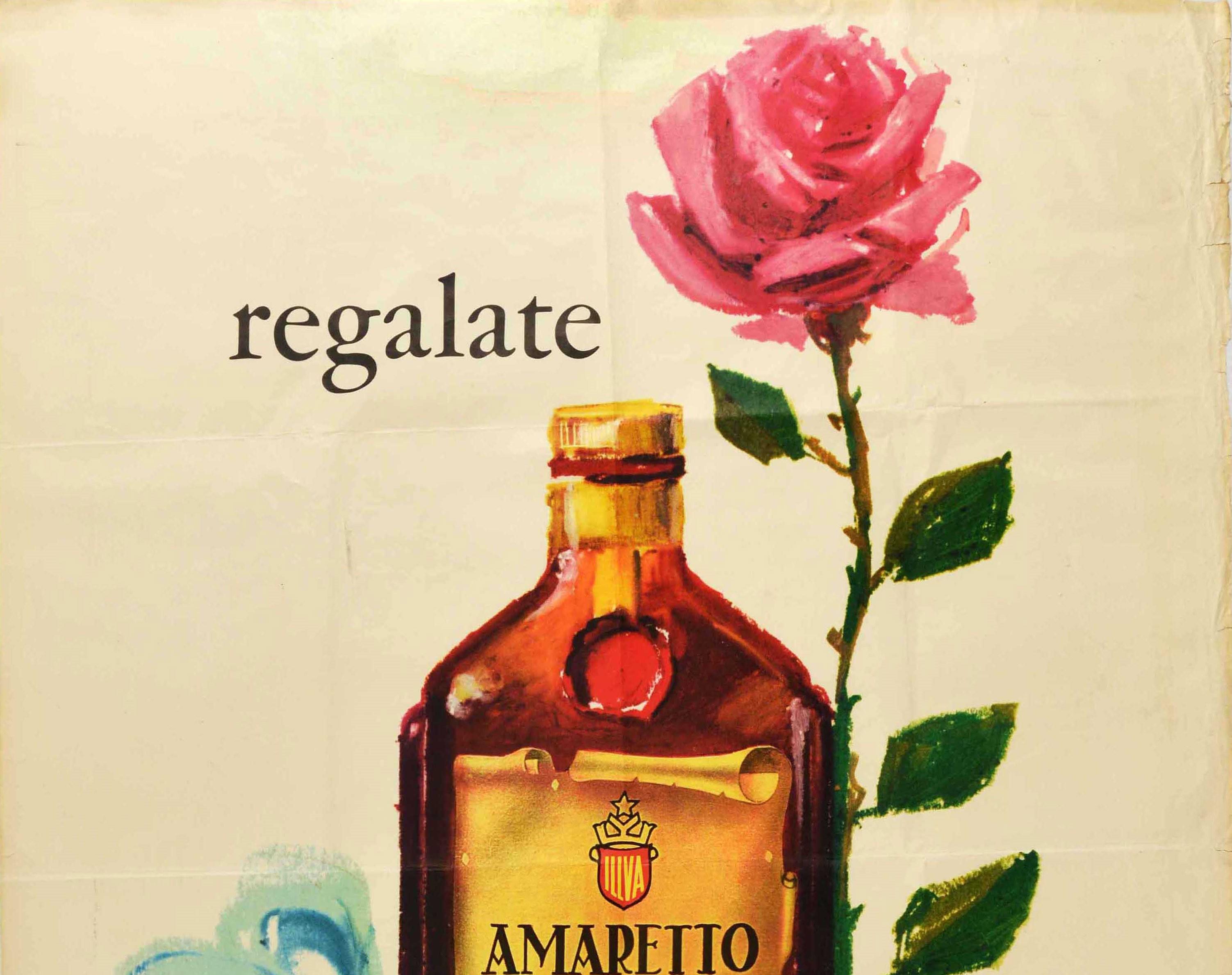 Original vintage Italian drink advertising poster for Amaretto di Saronno featuring an illustration of a square Murano designed glass bottle of the liqueur with a rose flower tied to the side with a blue gift ribbon and the text above and below -