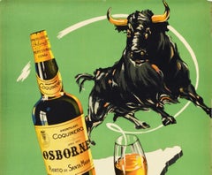 Original Vintage Getränke-Poster Amontillado Coquinero Osborne Sherry Map Bull Art