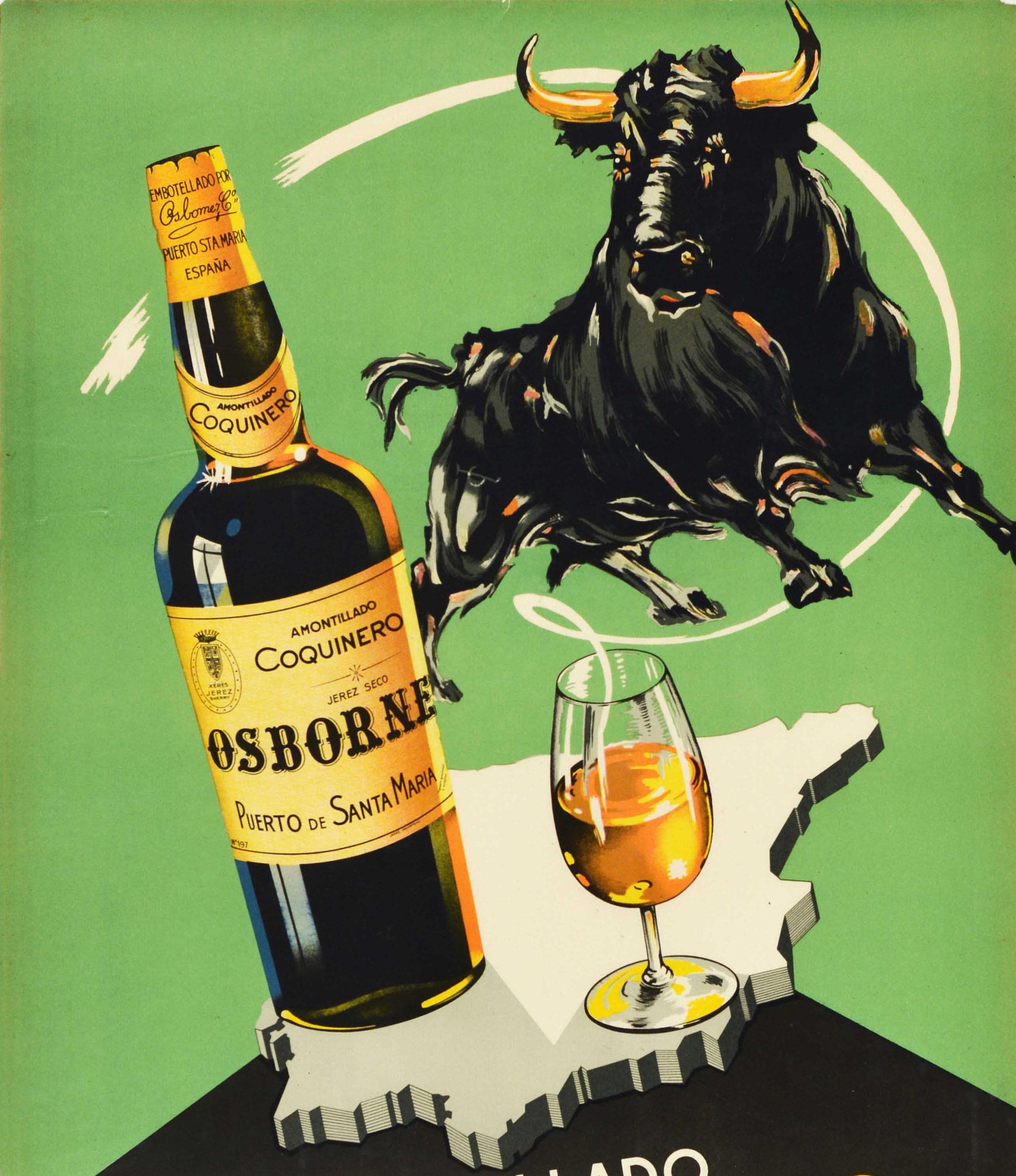 Affiche rétro originale pour la boisson, Amontillado, Coquinero, Osborne, Sherry Map, Bull Art Bon état - En vente à London, GB