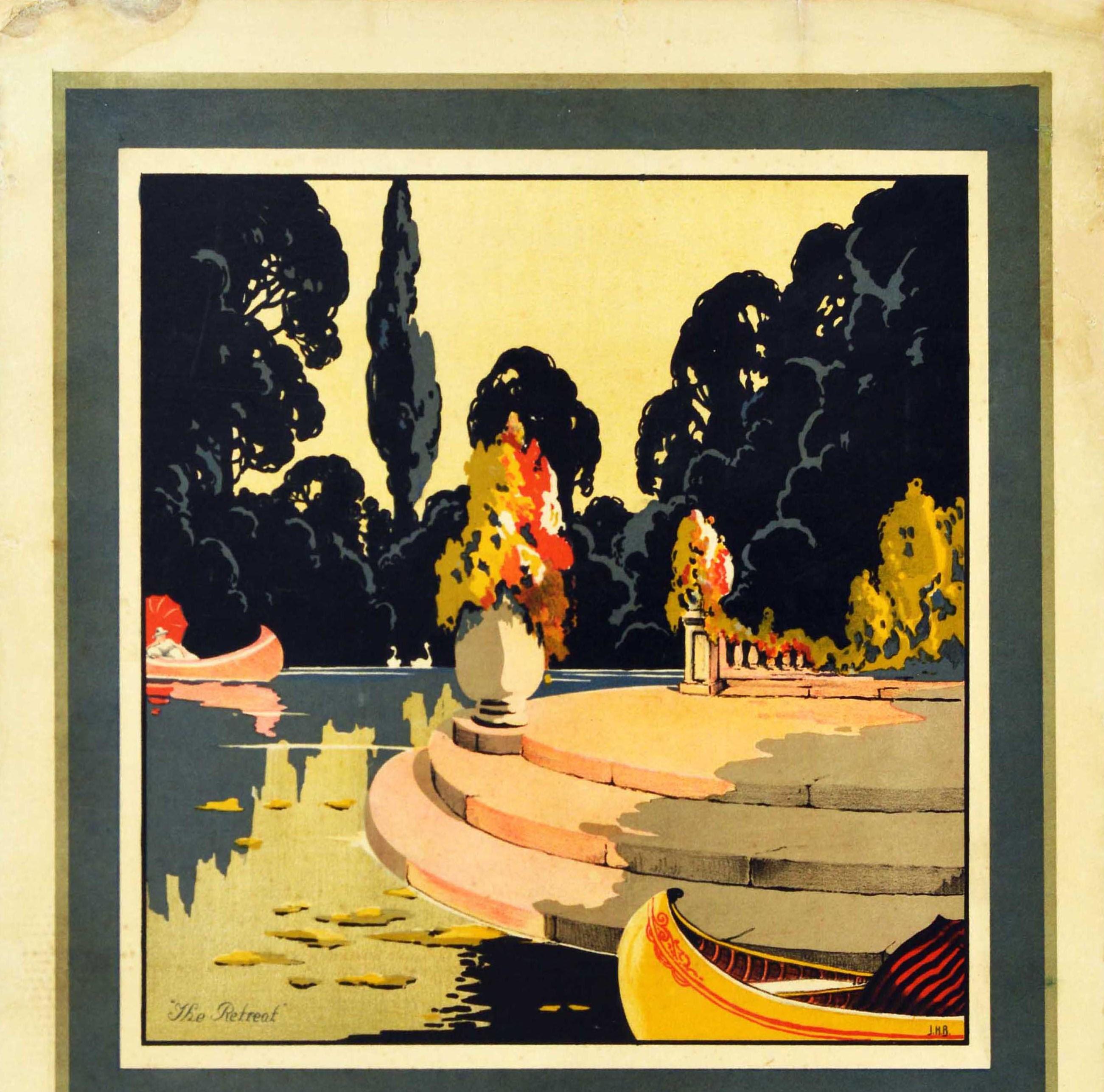 Original vintage drink advertising poster - Blends of Tea with a superior flavour at popular prices - featuring stunning artwork titled The Retreat depicting a scenic view of boats on the water in a park surrounded by tall trees with the bold