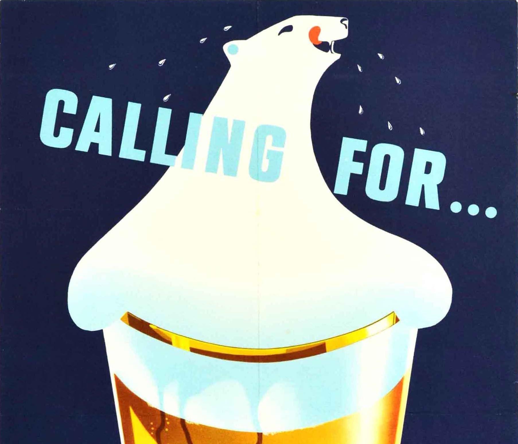 Original vintage drink advertising poster - Calling for... Carlsberg The glorious beer of Copenhagen - featuring a fun illustration of a happy white polar bear licking his lips as the froth in a tall refreshing cool glass of Carlsberg beer against a