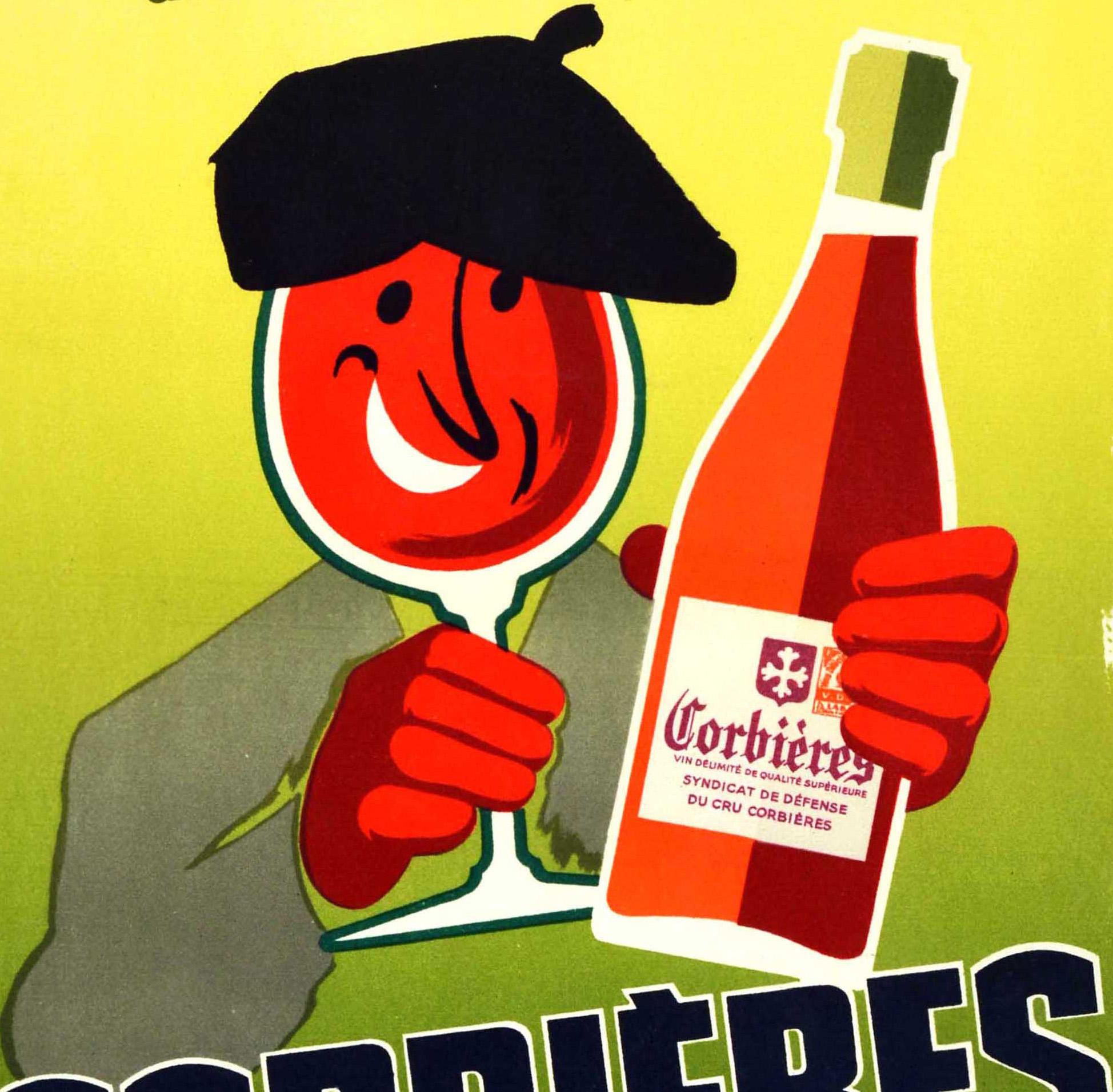 Affiche originale pour le vin Corbières de la région Languedoc Roussillon en France - Un cru qui a de l'accent / A cru of note - avec un dessin coloré et amusant représentant un homme souriant portant un béret et tenant un verre à vin sur son visage