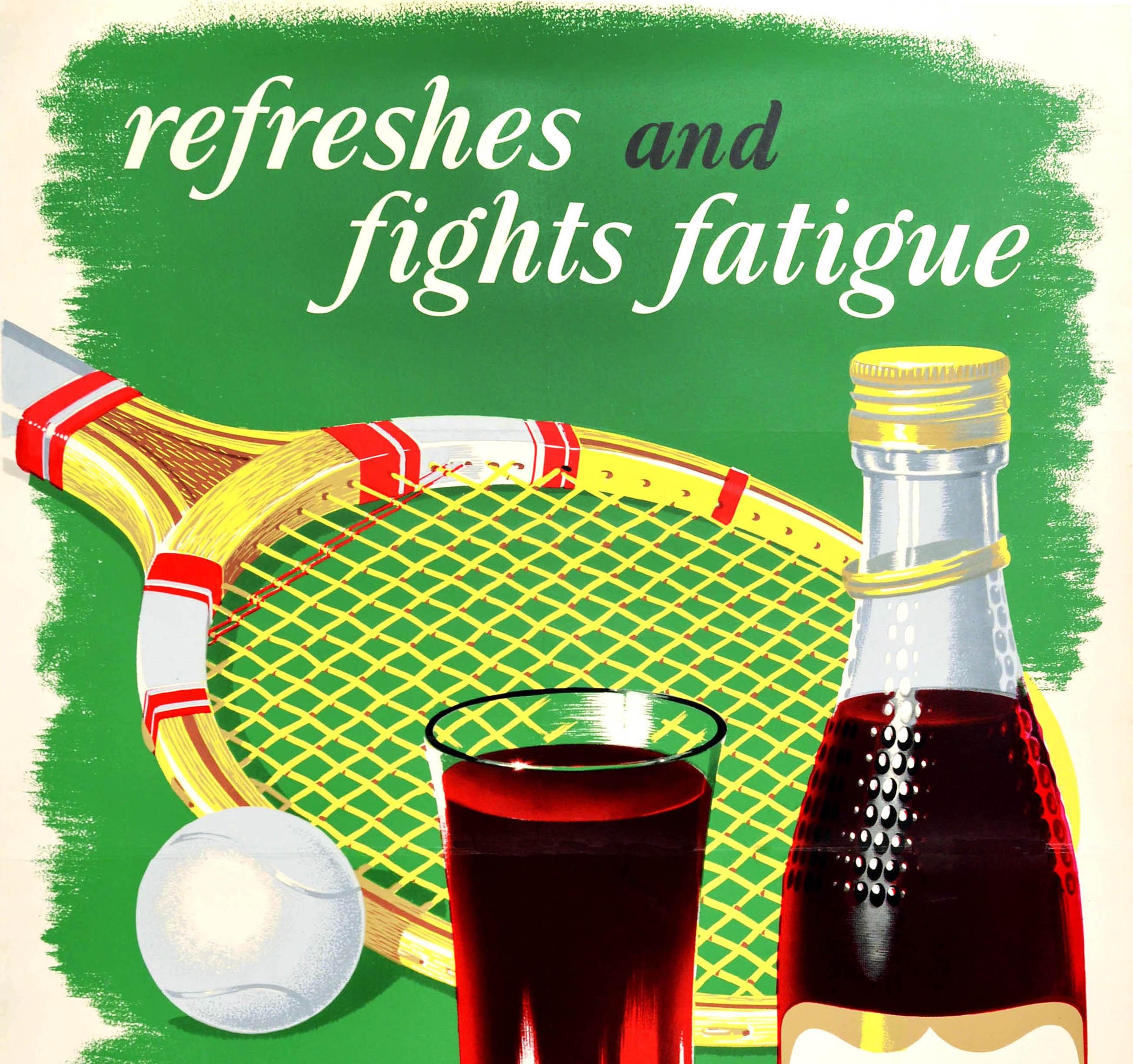 Original vintage drink advertising poster - refreshes and fights fatigue Ribena is So Delicious - featuring a wooden tennis racquet / racket and ball on the grass behind a glass of Ribena with the slogan in stylised lettering above and bold title