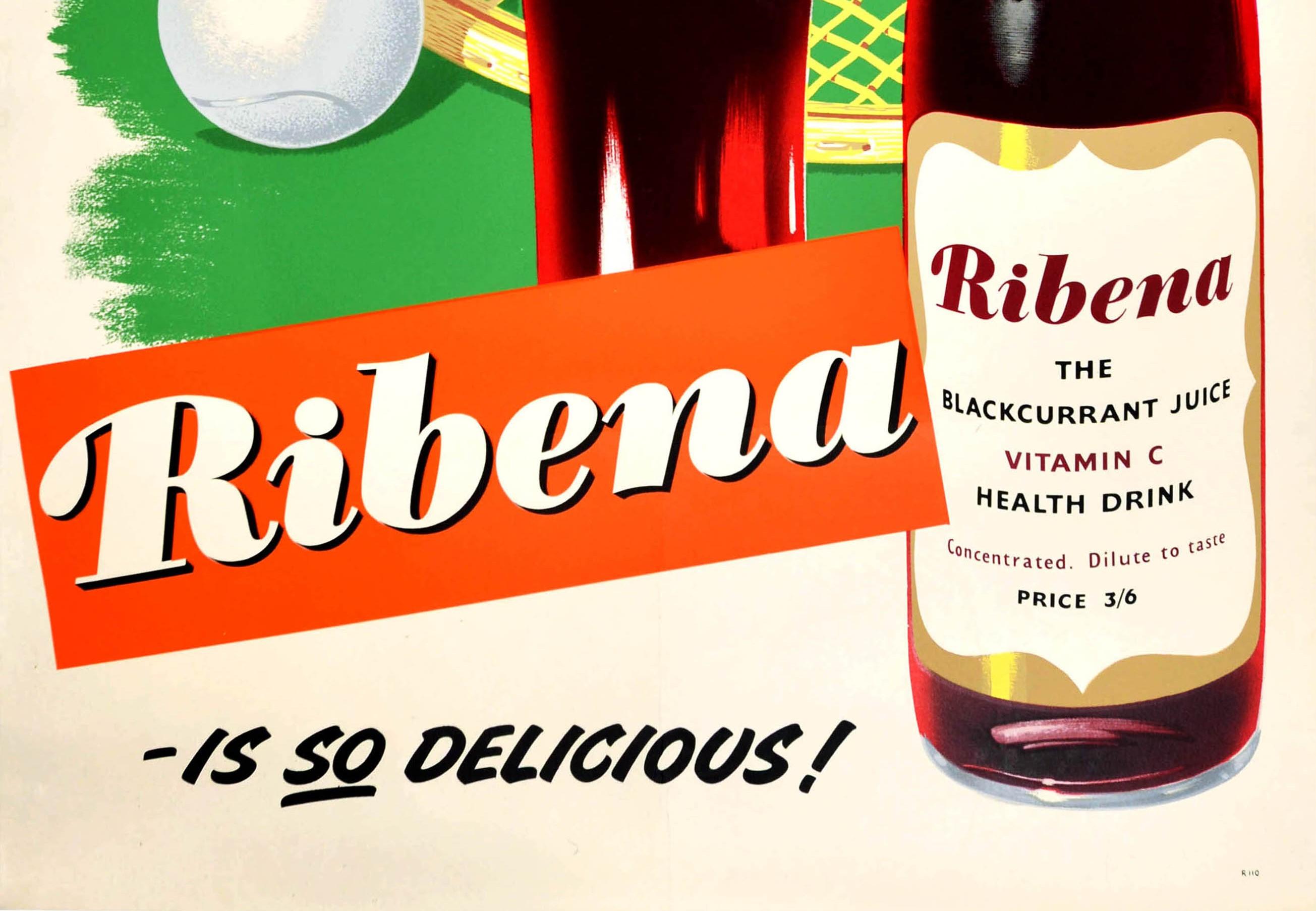 Original Vintage Getränke-Poster für Ribena Refreshes, Fights Fatigue, Sommer, Tennis (Britisch) im Angebot